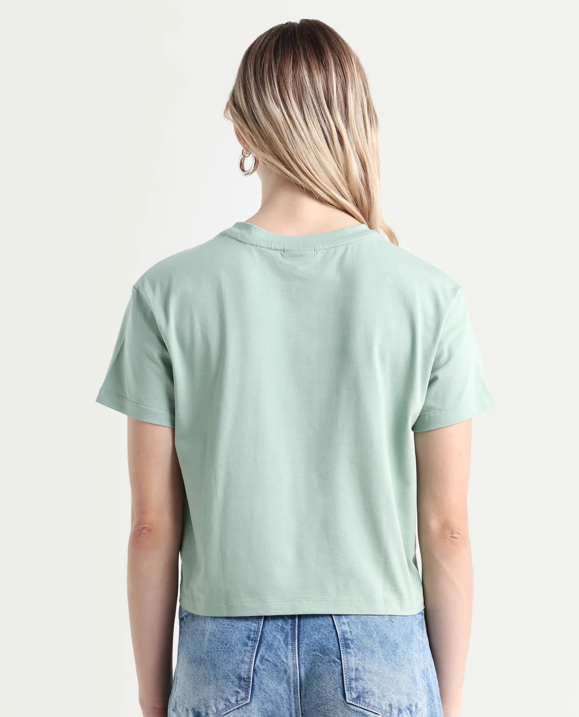Rareism Women's Sydent Green Cotton Blend Crew Neck Graphic Print Crop Regular Fit T-Shirt