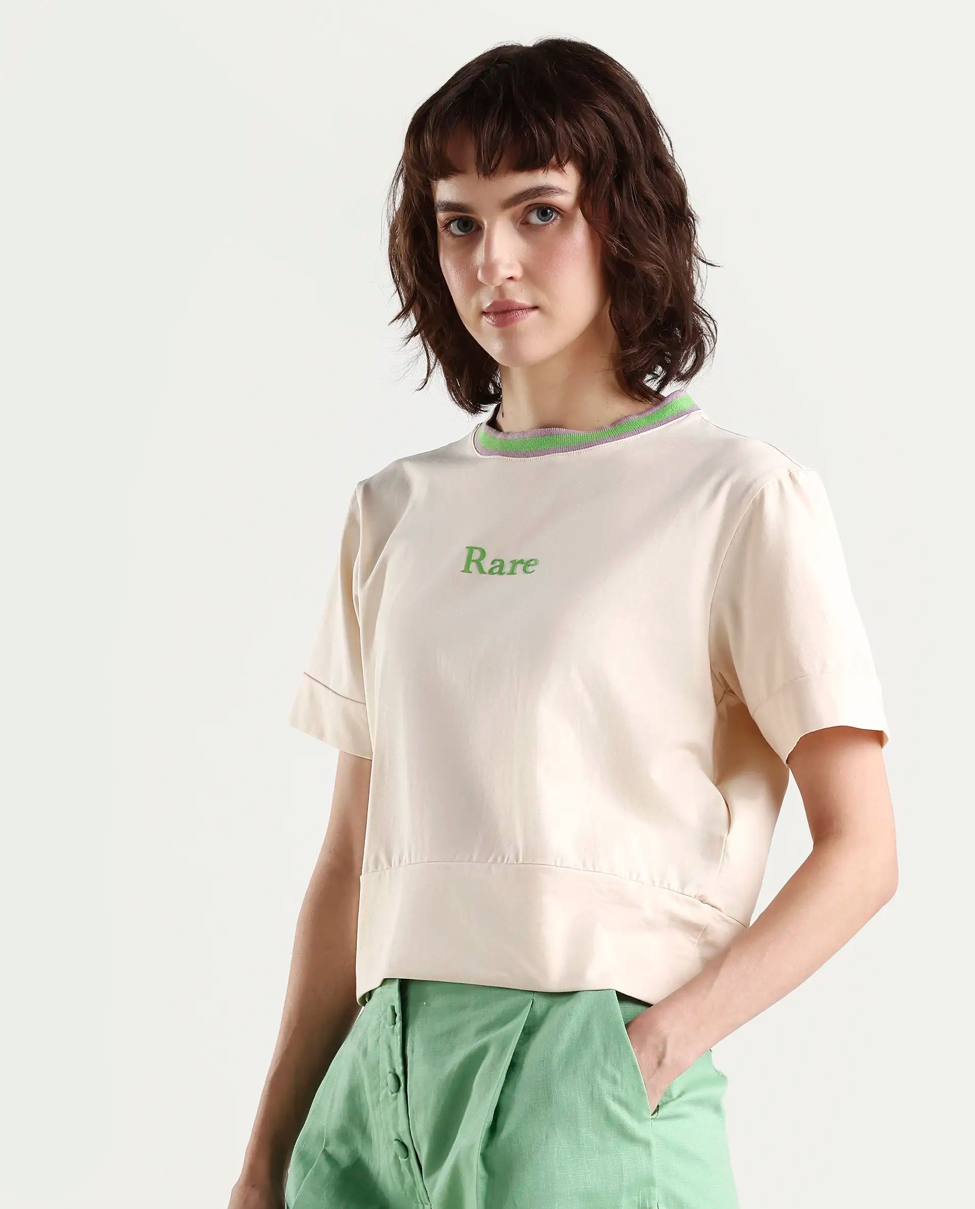 Rareism Women's Eliza Light Beige Cotton Blend Crew Neck Graphic Print Regular Fit T-Shirt