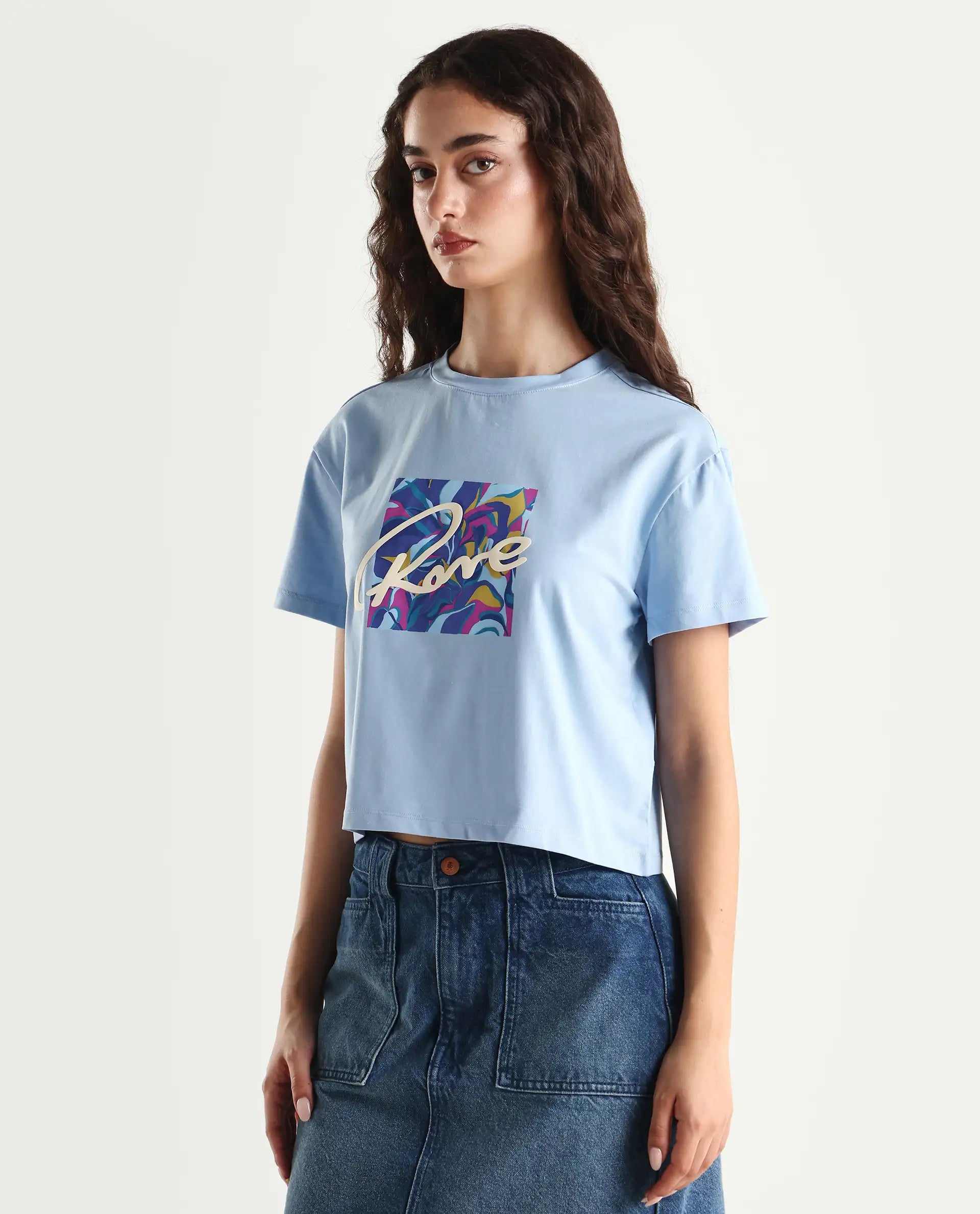 Rareism Women's Sandre Blue Cotton Blend Crew Neck Graphic Print Crop Regular Fit T-Shirt