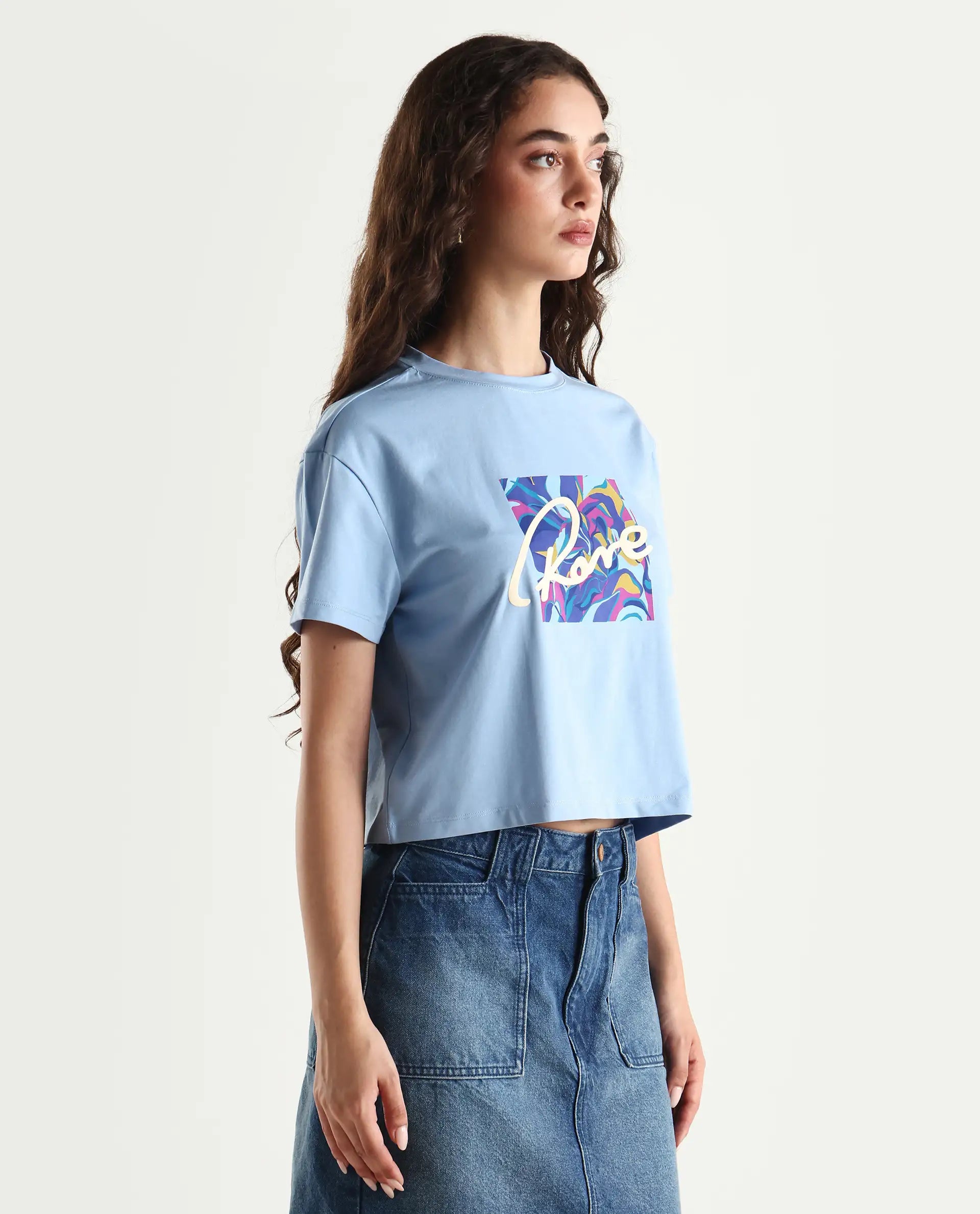 Rareism Women's Sandre Blue Cotton Blend Crew Neck Graphic Print Crop Regular Fit T-Shirt