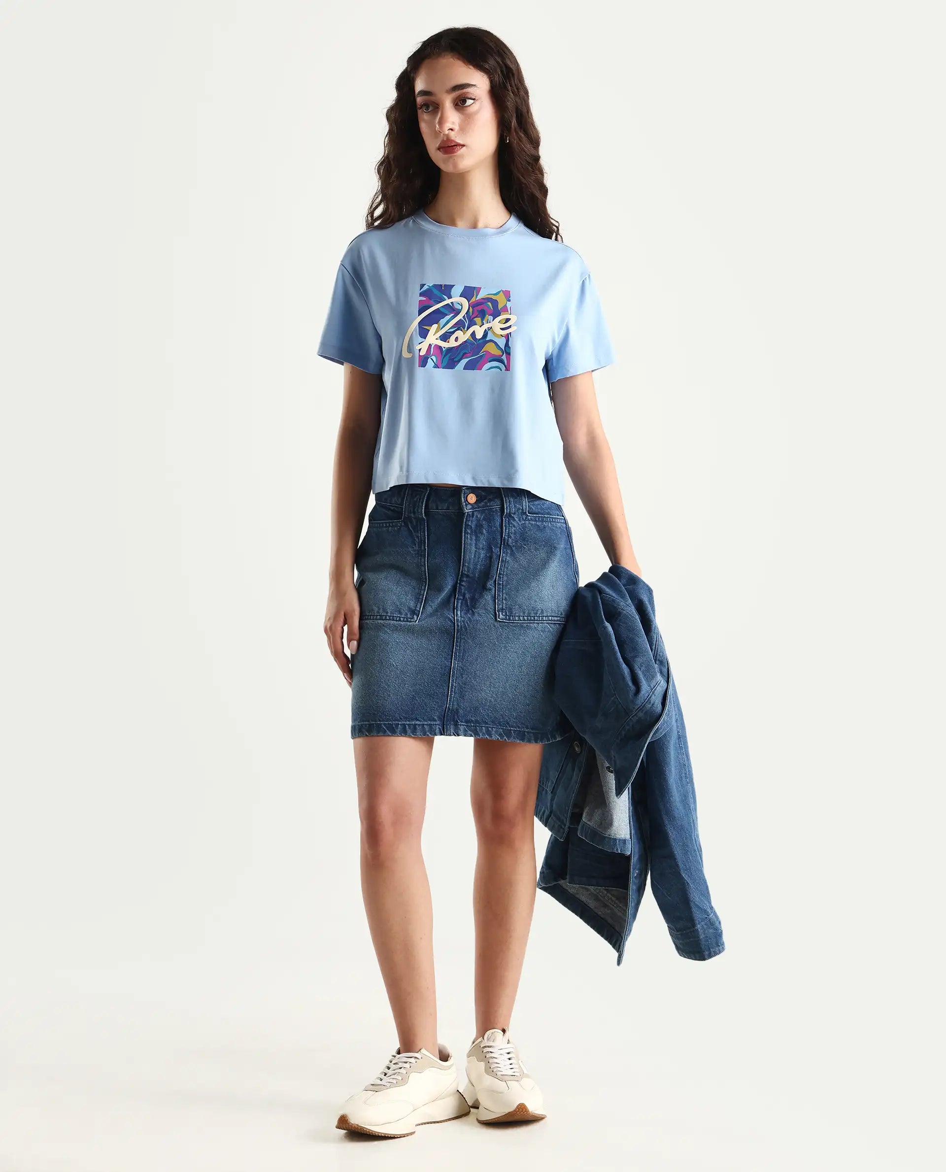 Rareism Women's Sandre Blue Cotton Blend Crew Neck Graphic Print Crop Regular Fit T-Shirt
