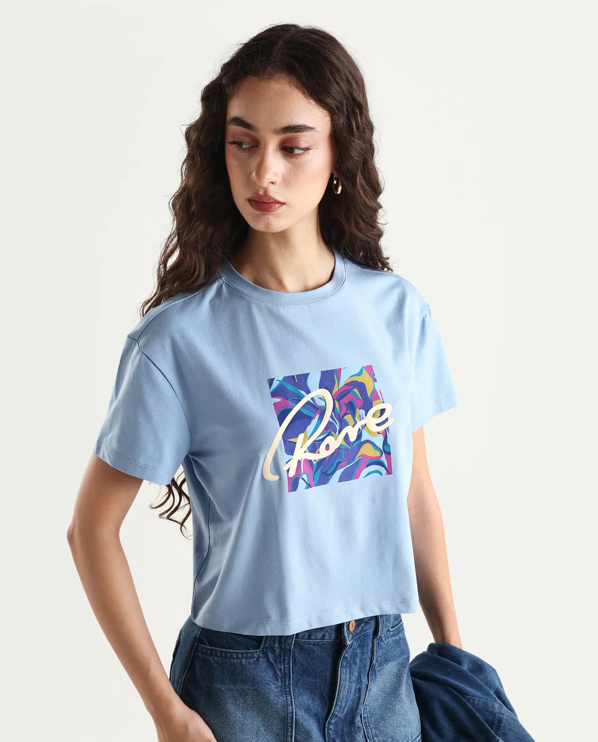 Rareism Women's Sandre Blue Cotton Blend Crew Neck Graphic Print Crop Regular Fit T-Shirt