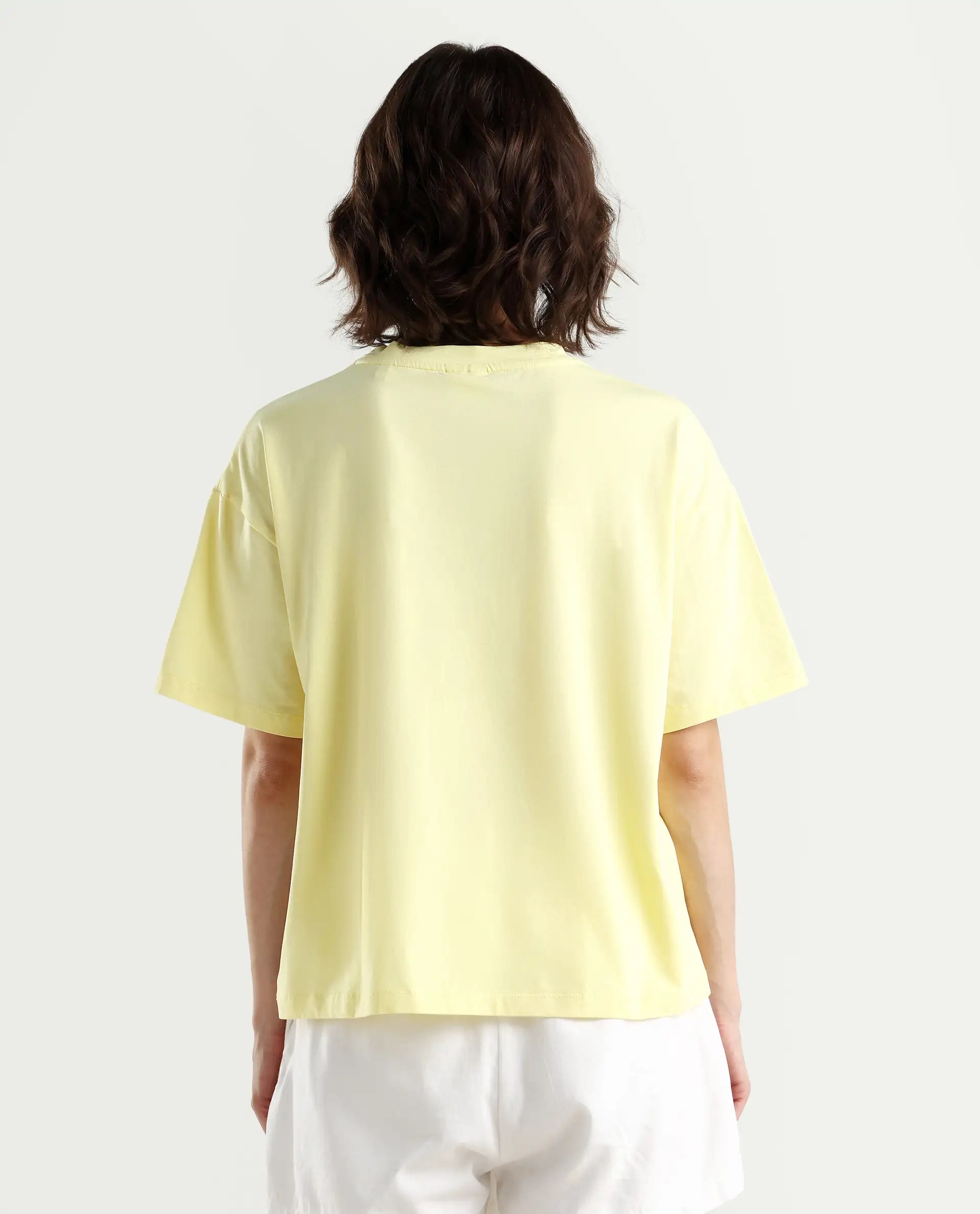 Rareism Women's Grando Yellow Cotton Blend Crew Neck Plain Boxy Fit T-Shirt