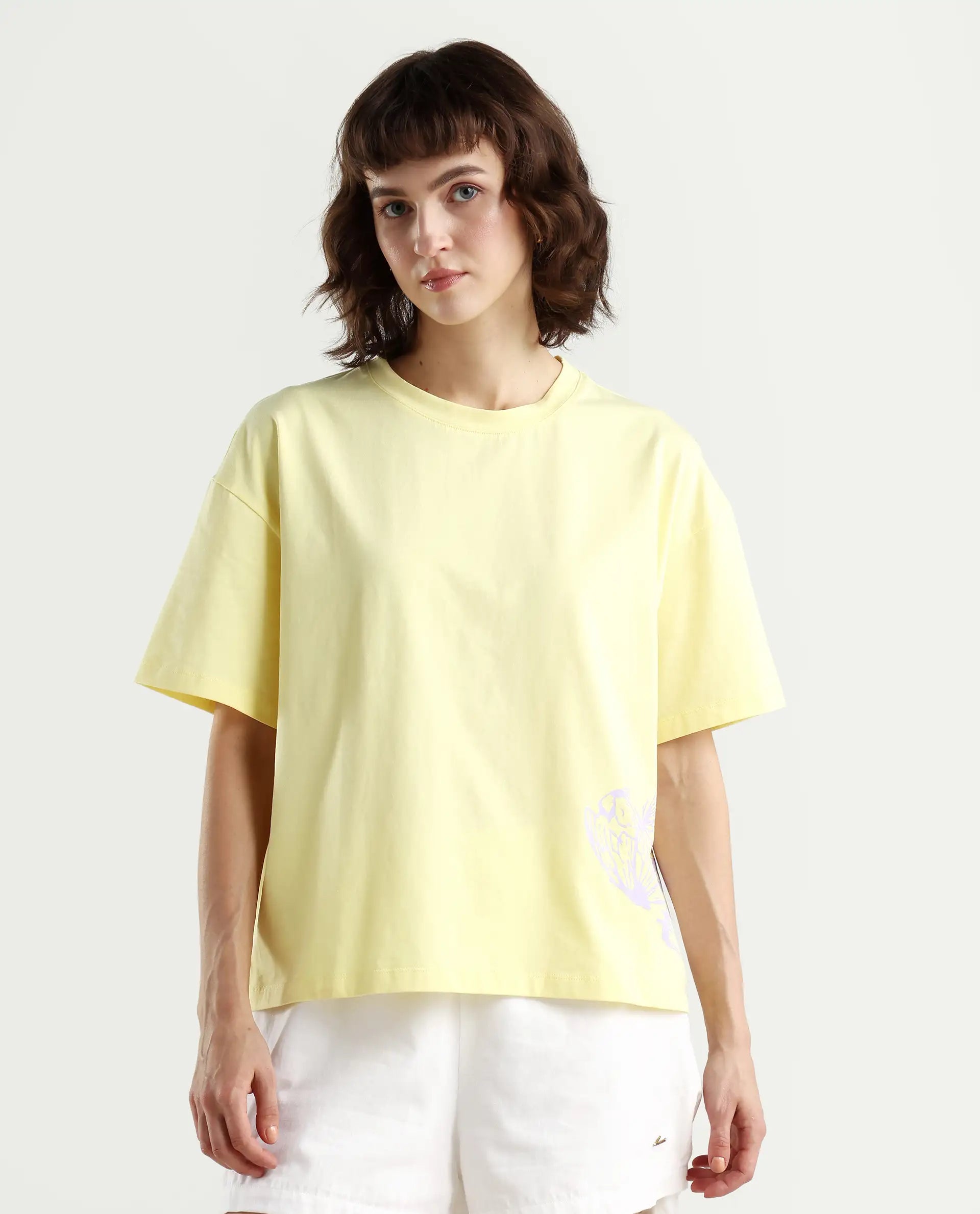 Rareism Women's Grando Yellow Cotton Blend Crew Neck Plain Boxy Fit T-Shirt