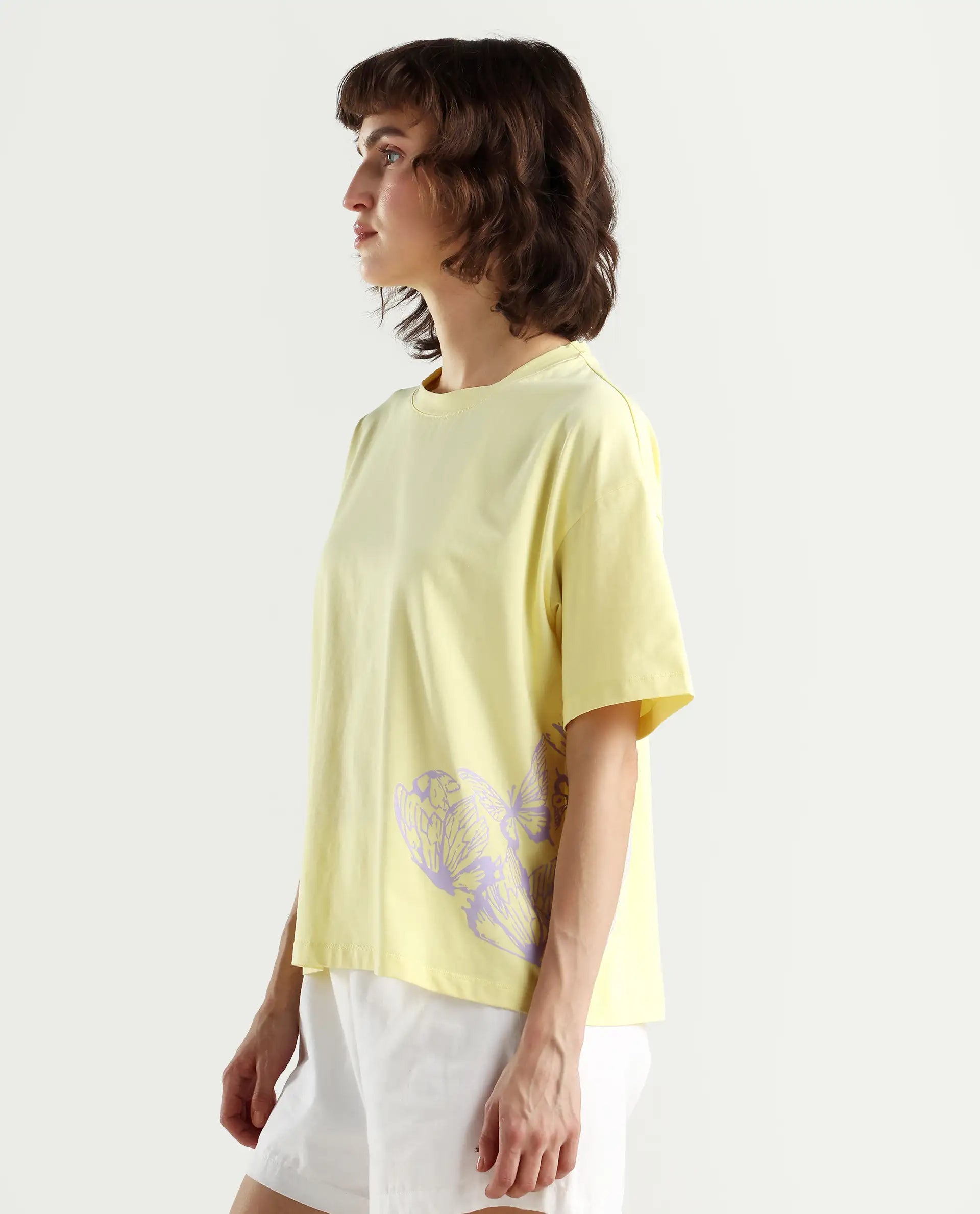 Rareism Women's Grando Yellow Cotton Blend Crew Neck Plain Boxy Fit T-Shirt