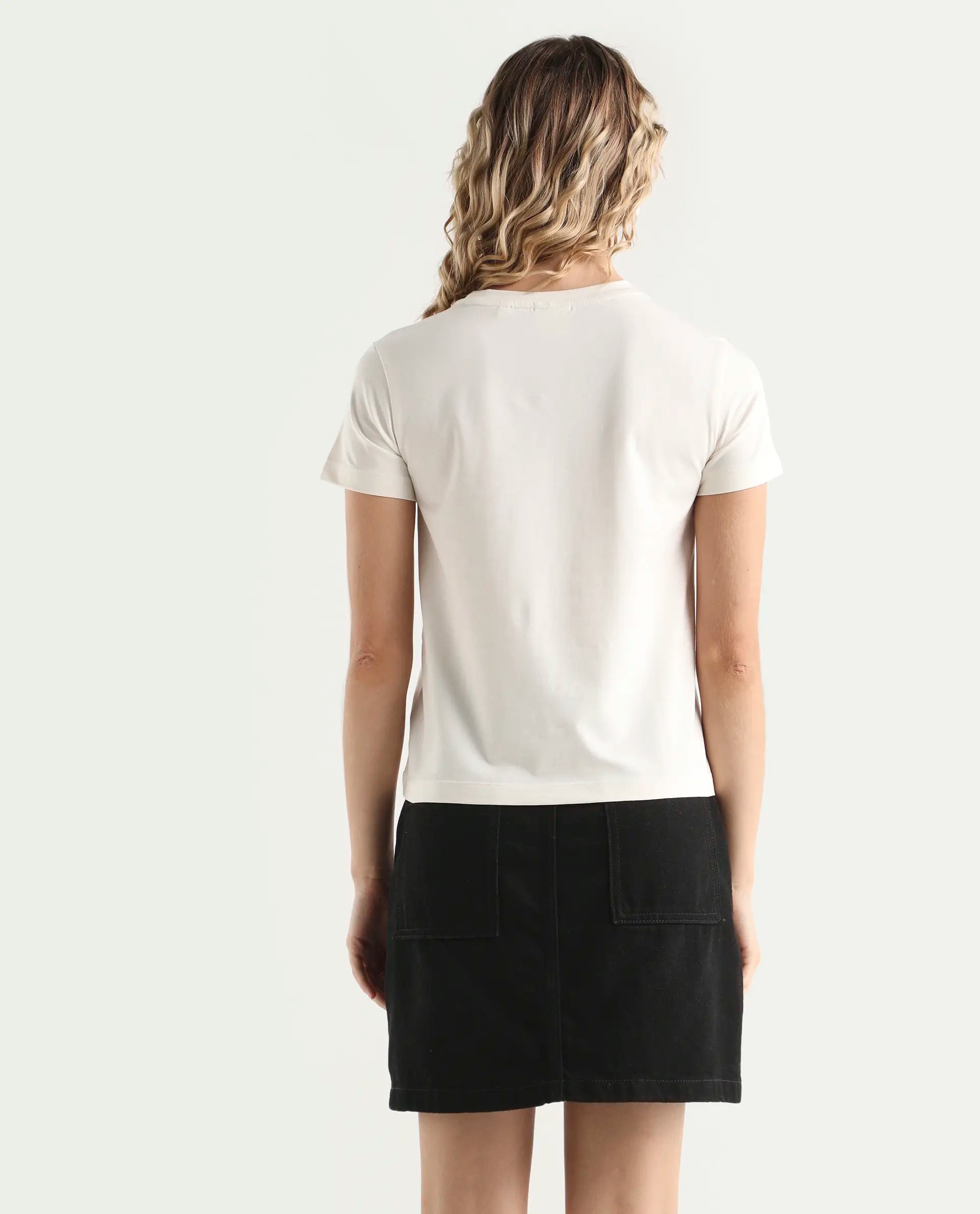 Rareism Women's Flank Off White Cotton Blend Crew Neck Graphic Print Regular Fit T-Shirt