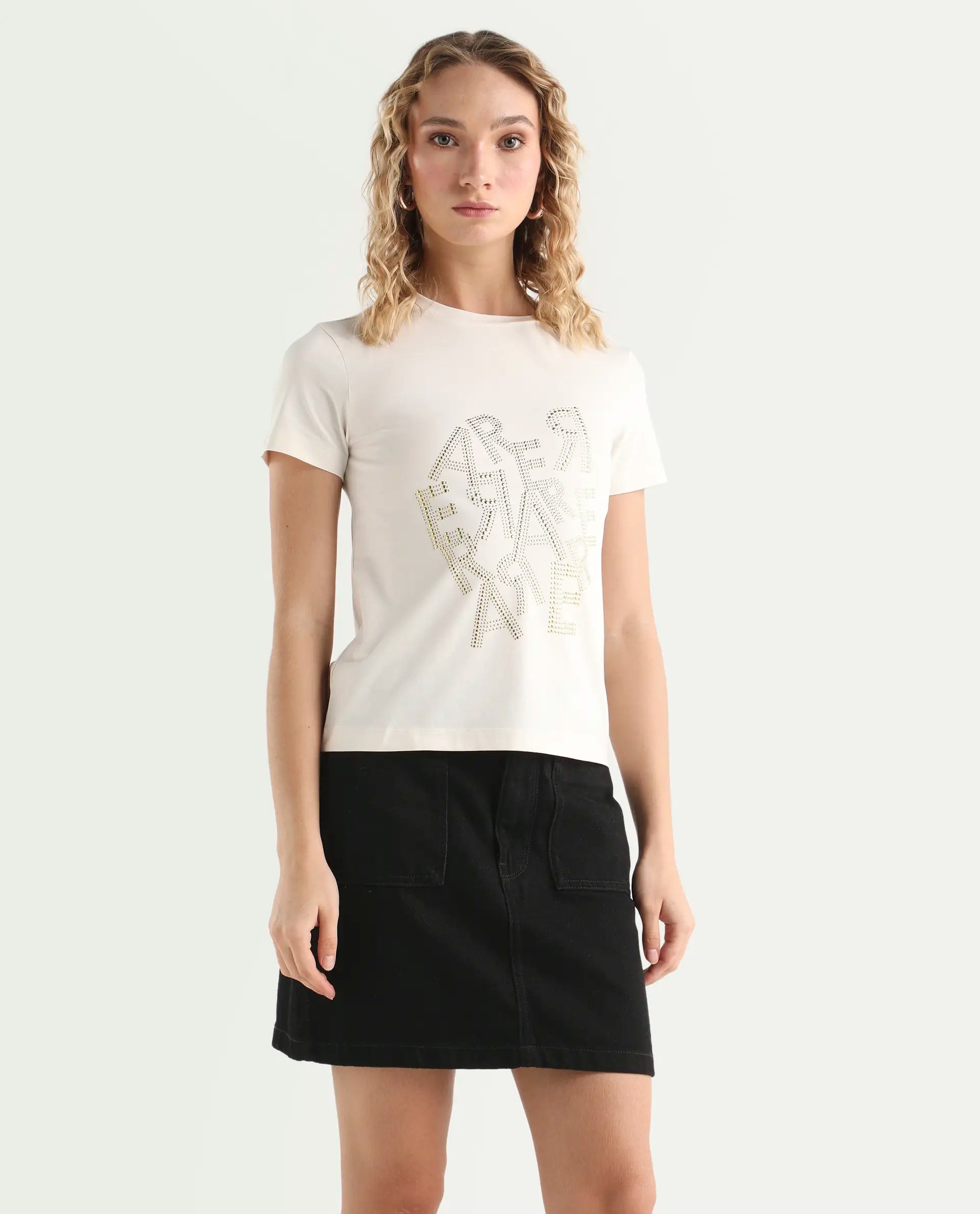 Rareism Women's Flank Off White Cotton Blend Crew Neck Graphic Print Regular Fit T-Shirt