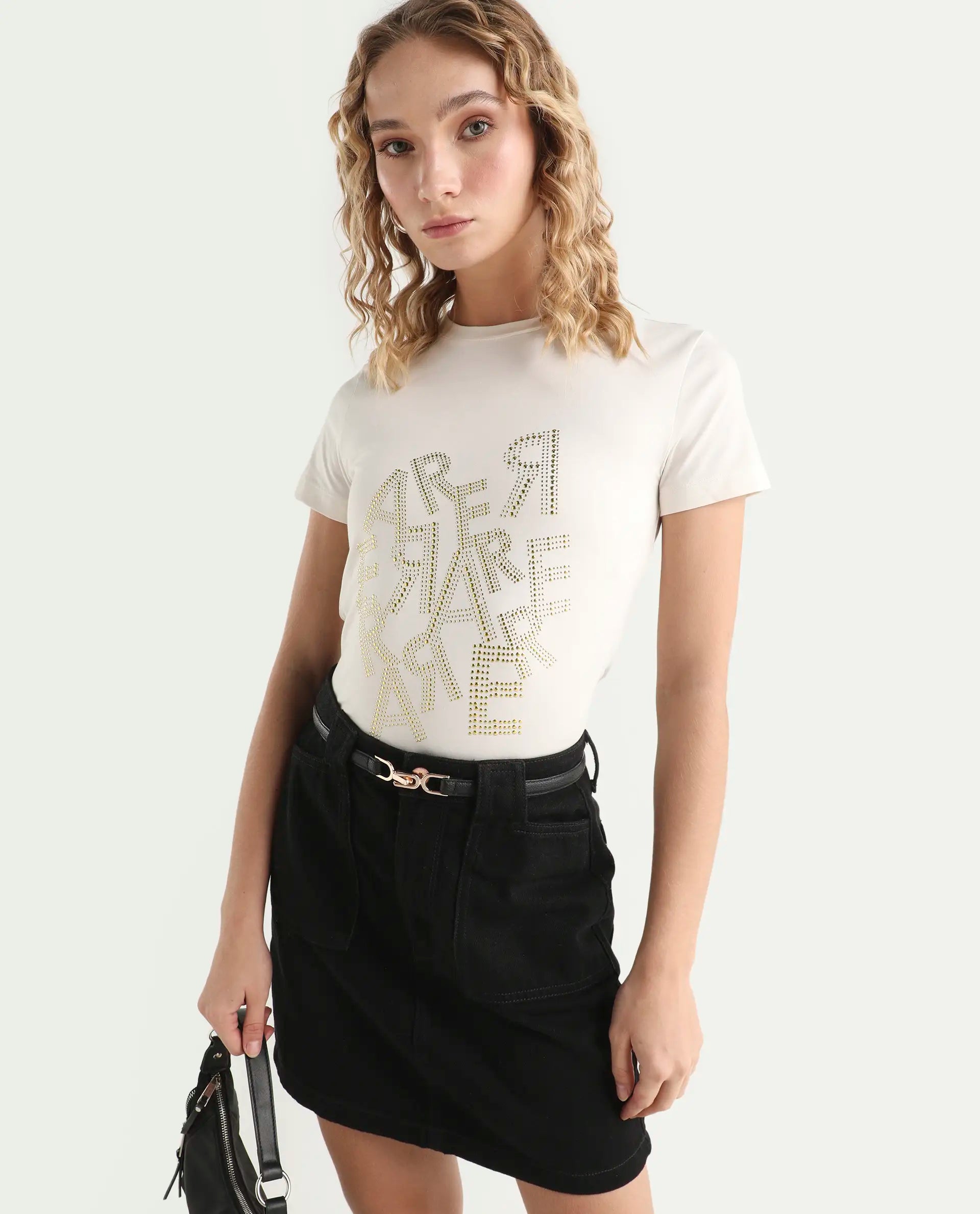 Rareism Women's Flank Off White Cotton Blend Crew Neck Graphic Print Regular Fit T-Shirt