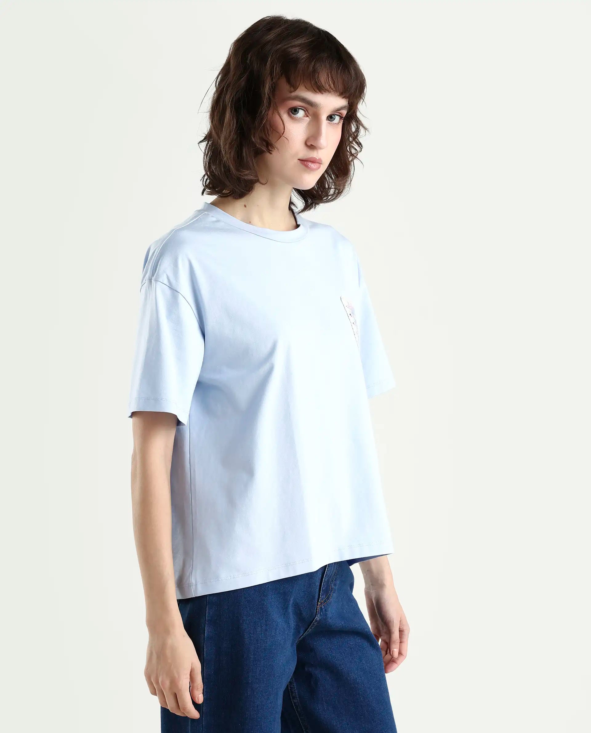 Rareism Women's Poppy Light Blue Cotton Blend Crew Neck Plain Boxy Fit T-Shirt