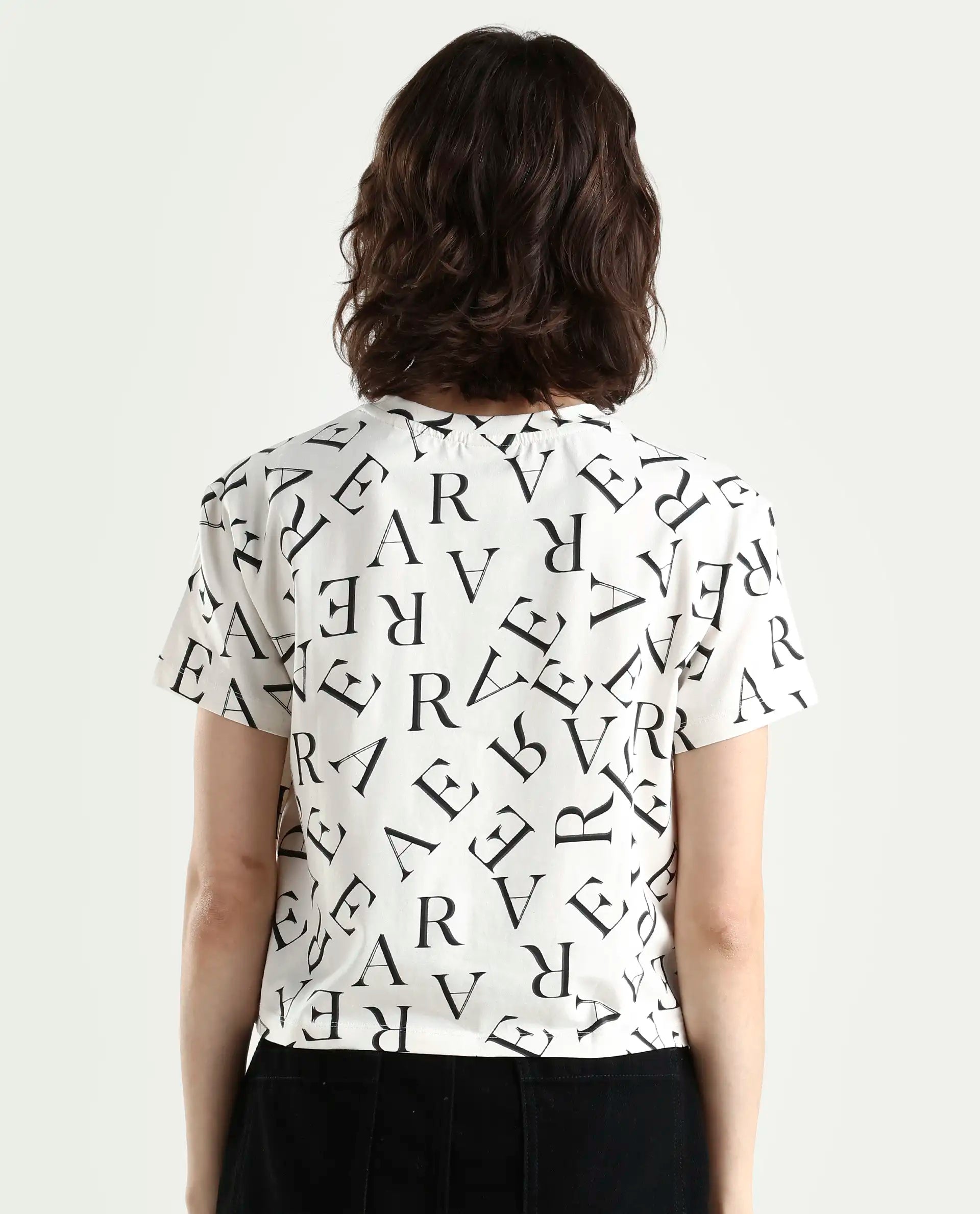 Rareism Women's Cassia Off White Cotton Blend Crew Neck Monogram Print Crop Regular Fit T-Shirt
