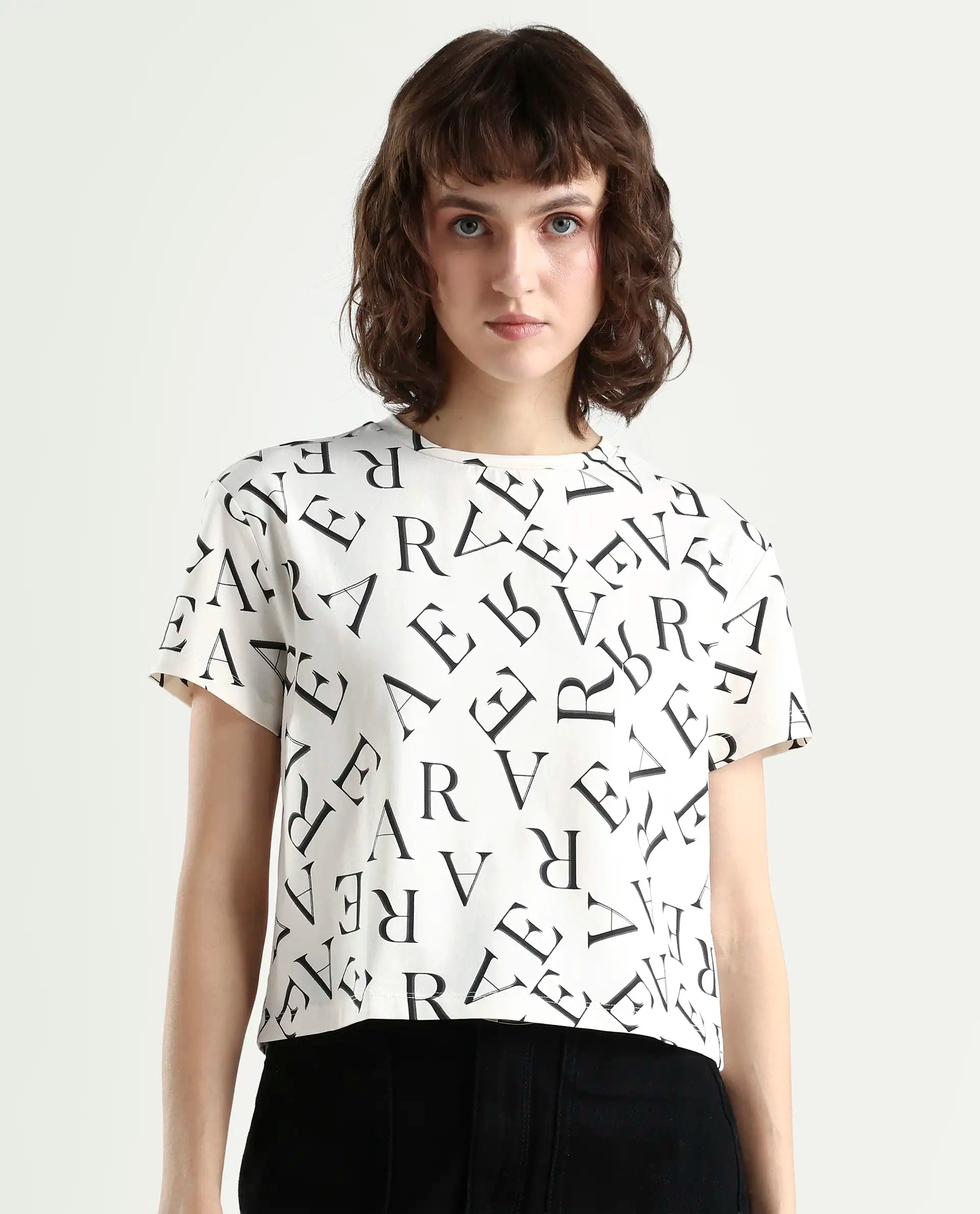 Rareism Women's Cassia Off White Cotton Blend Crew Neck Monogram Print Crop Regular Fit T-Shirt
