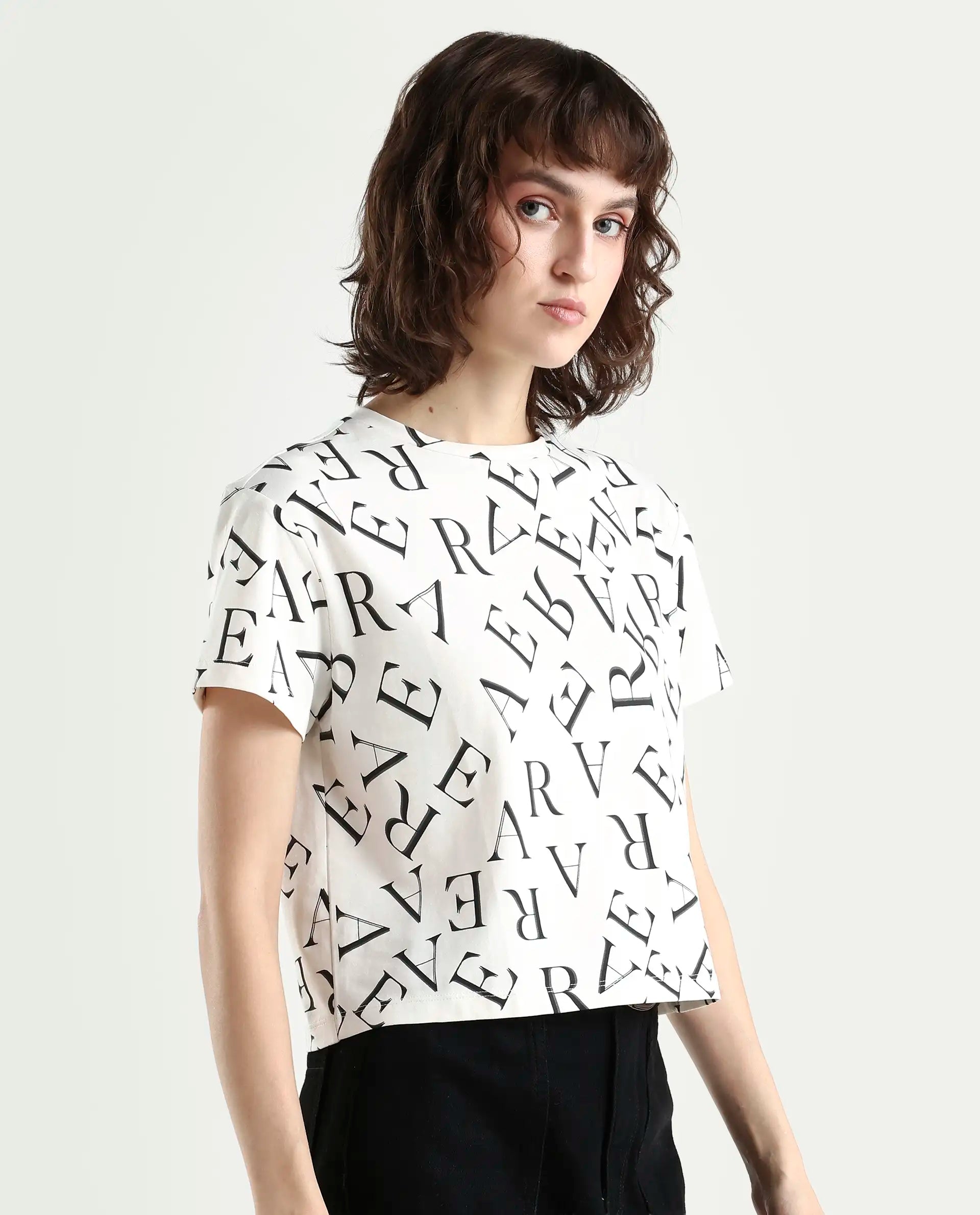 Rareism Women's Cassia Off White Cotton Blend Crew Neck Monogram Print Crop Regular Fit T-Shirt