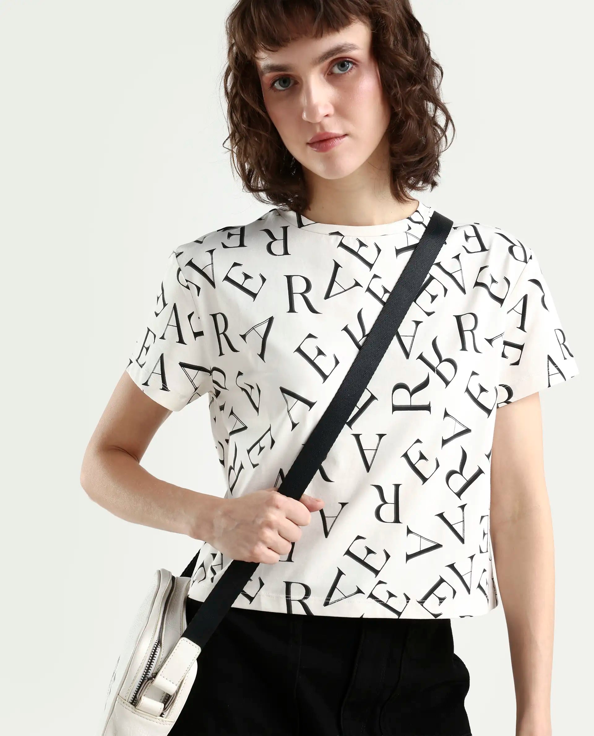 Rareism Women's Cassia Off White Cotton Blend Crew Neck Monogram Print Crop Regular Fit T-Shirt