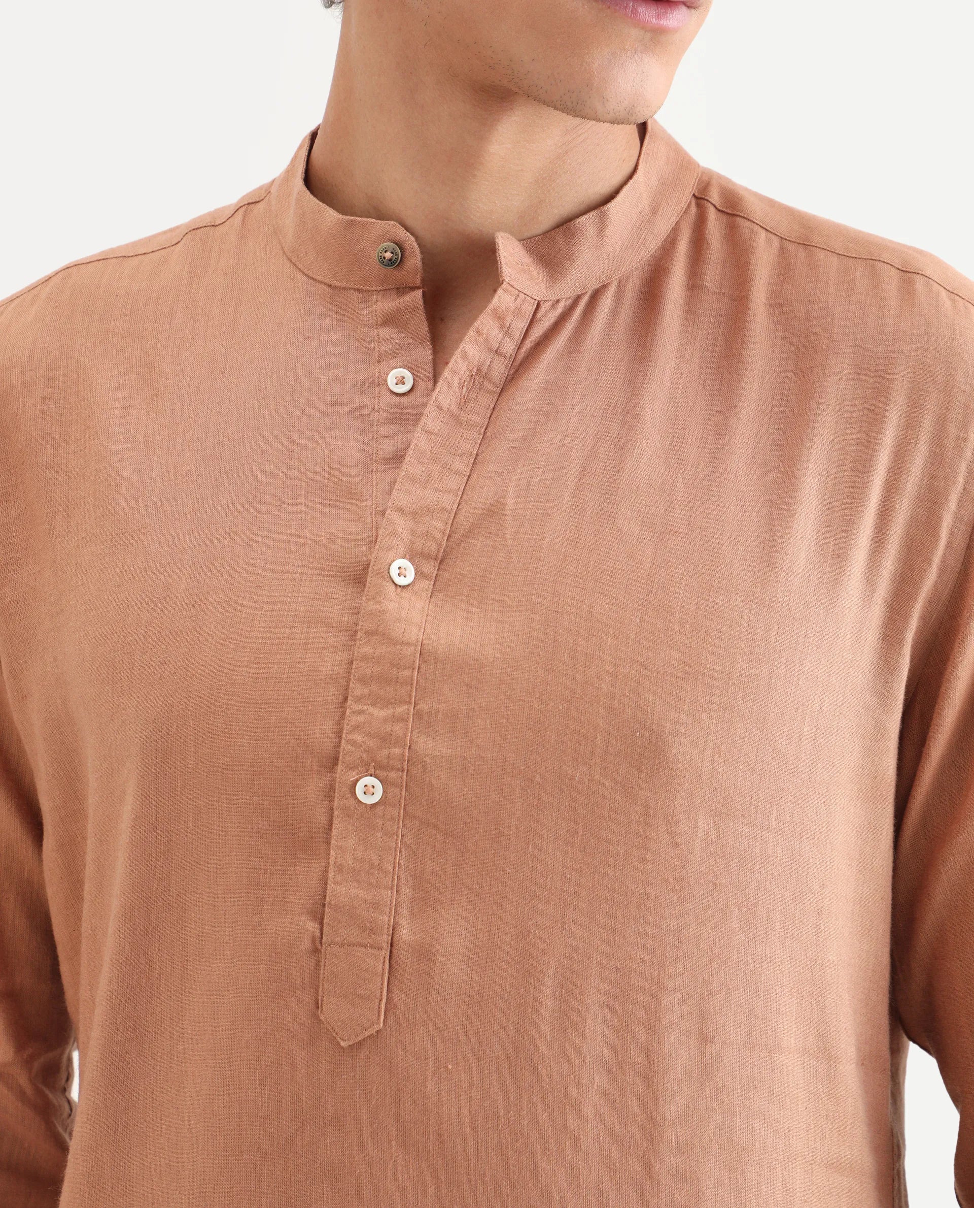 Rare Rabbit Men's Joi Beige 100% Linen Plain Regular Fit Full Sleeve Mandarin Collar Kurta