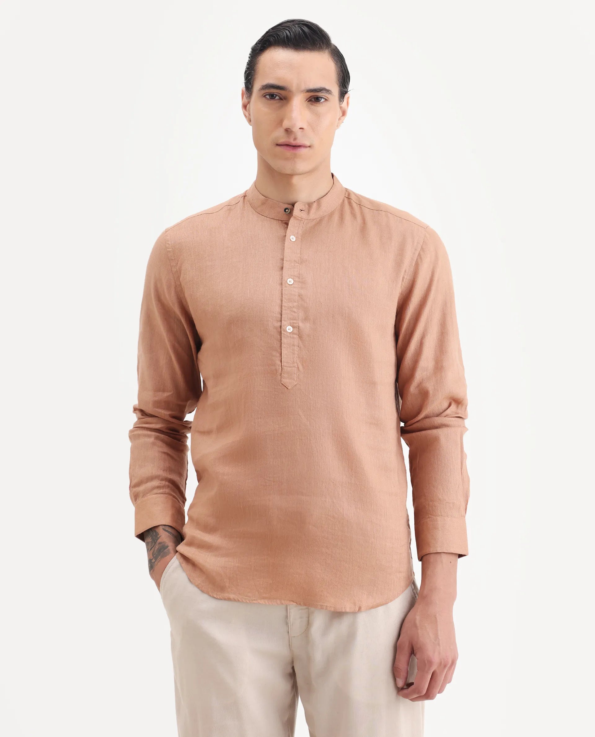 Rare Rabbit Men's Joi Beige 100% Linen Plain Regular Fit Full Sleeve Mandarin Collar Kurta