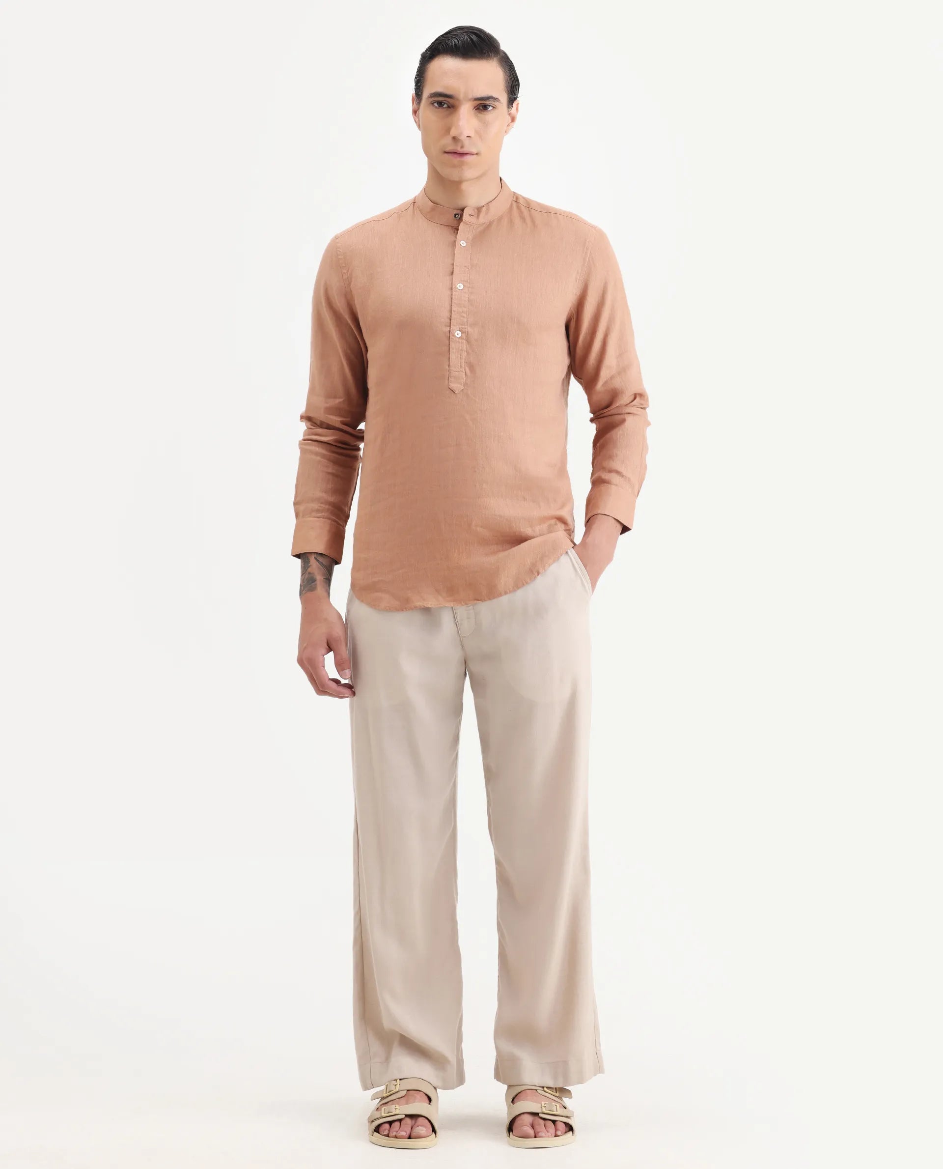 Rare Rabbit Men's Joi Beige 100% Linen Plain Regular Fit Full Sleeve Mandarin Collar Kurta