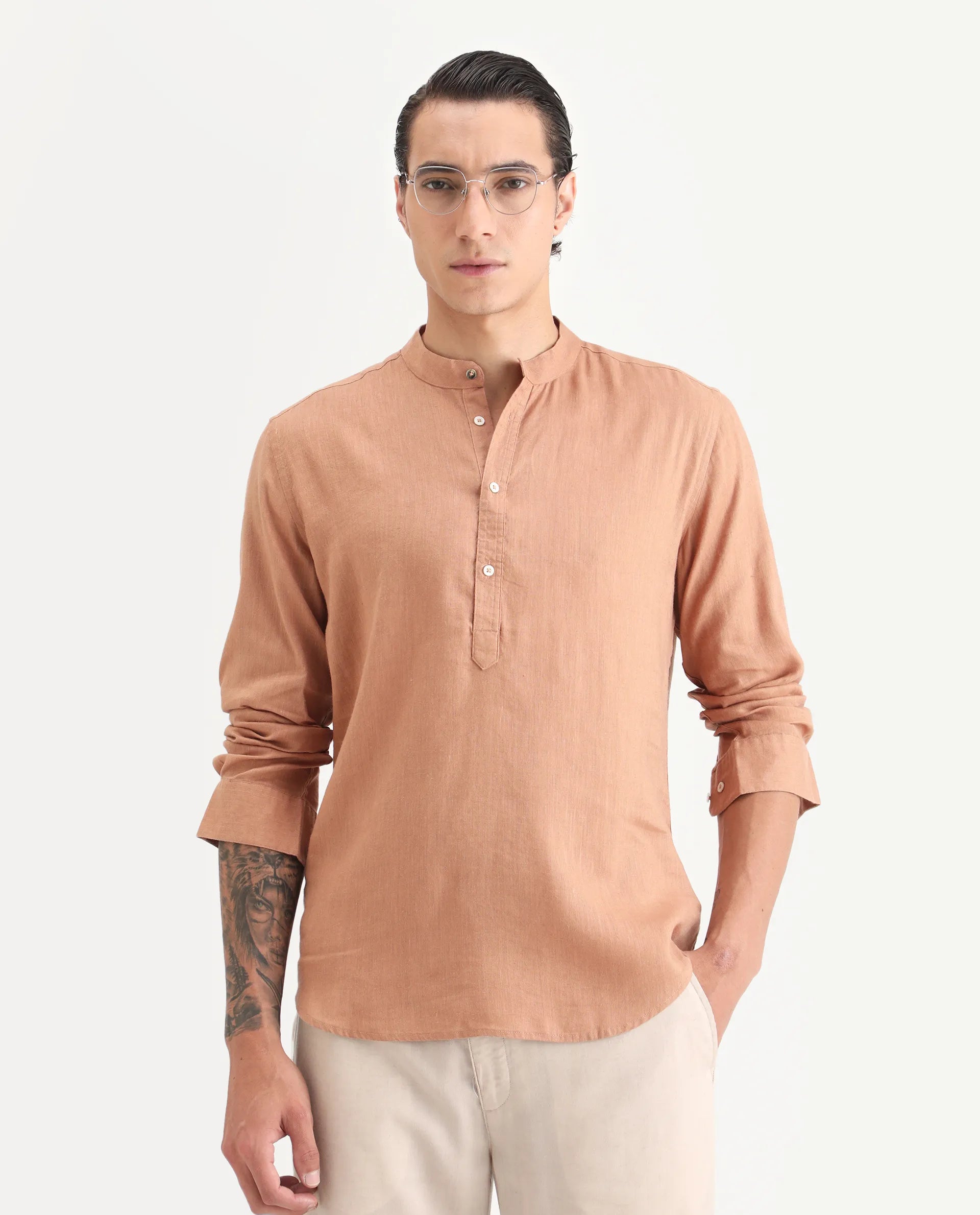 Rare Rabbit Men's Joi Beige 100% Linen Plain Regular Fit Full Sleeve Mandarin Collar Kurta