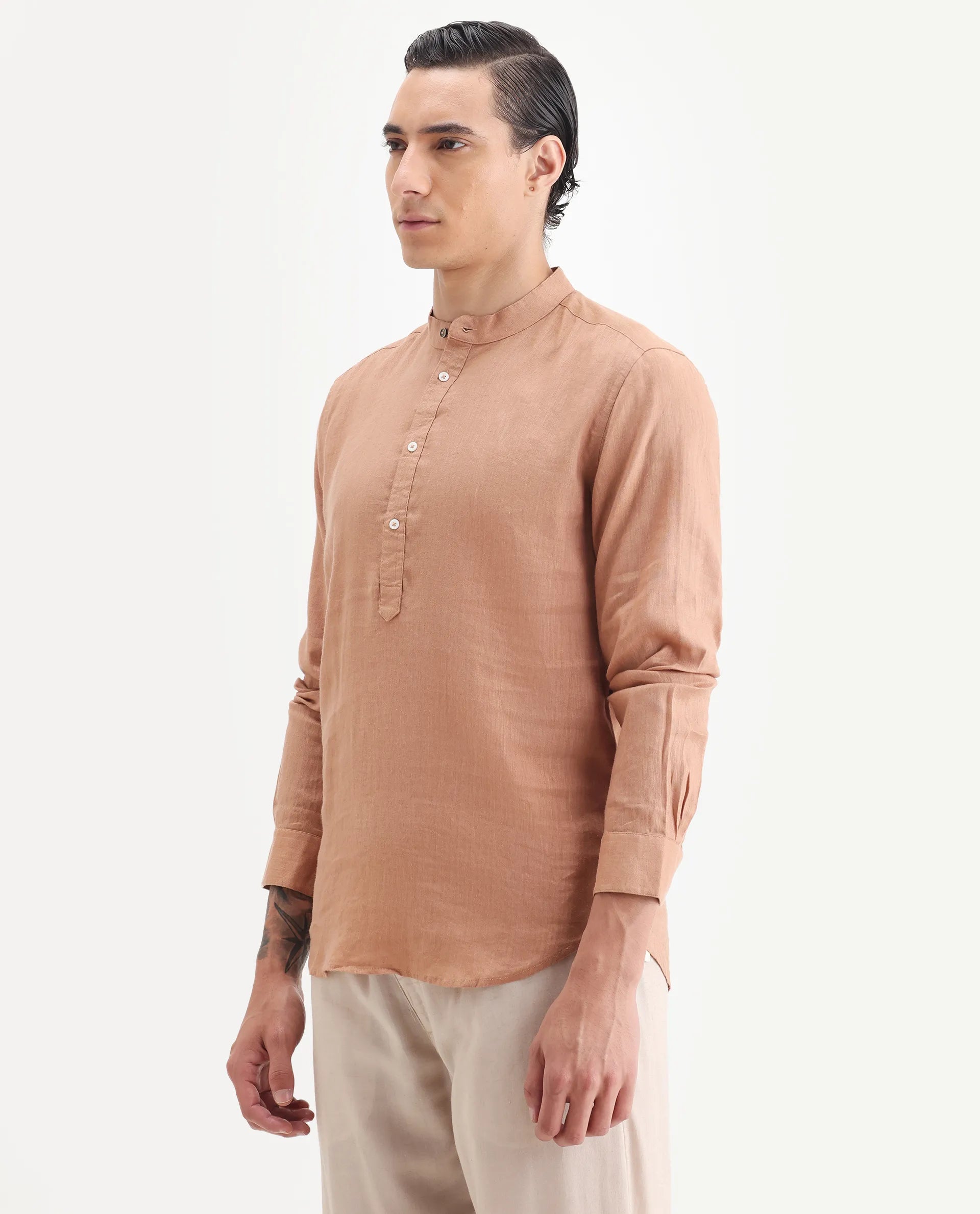 Rare Rabbit Men's Joi Beige 100% Linen Plain Regular Fit Full Sleeve Mandarin Collar Kurta
