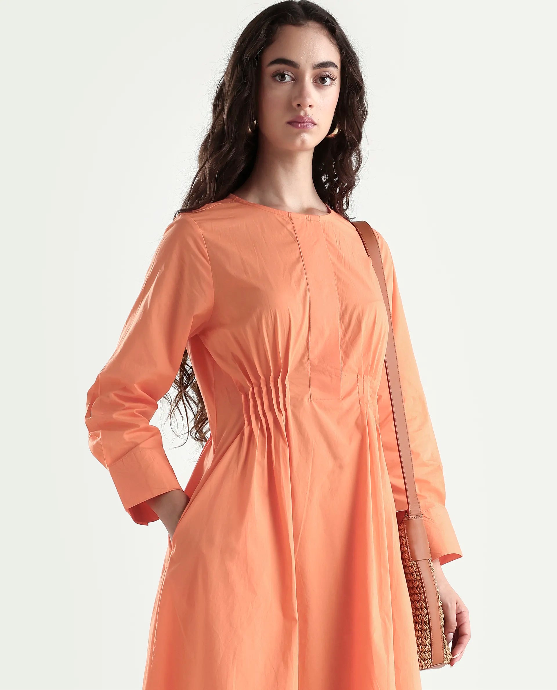 Buy Lister - Orange Plain Midi Dress| Rareism