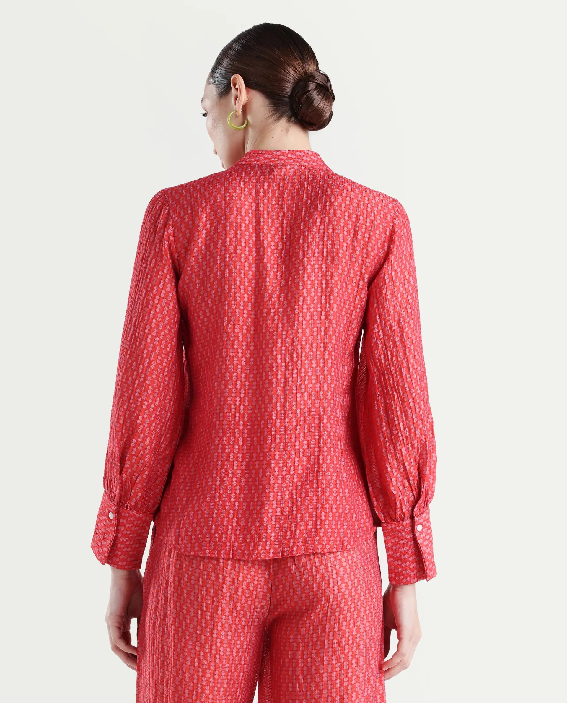 Rareism Women's Rusha-T Red Rayon Drop Collar Geometric Print Bishop Sleeve Regular Fit Top