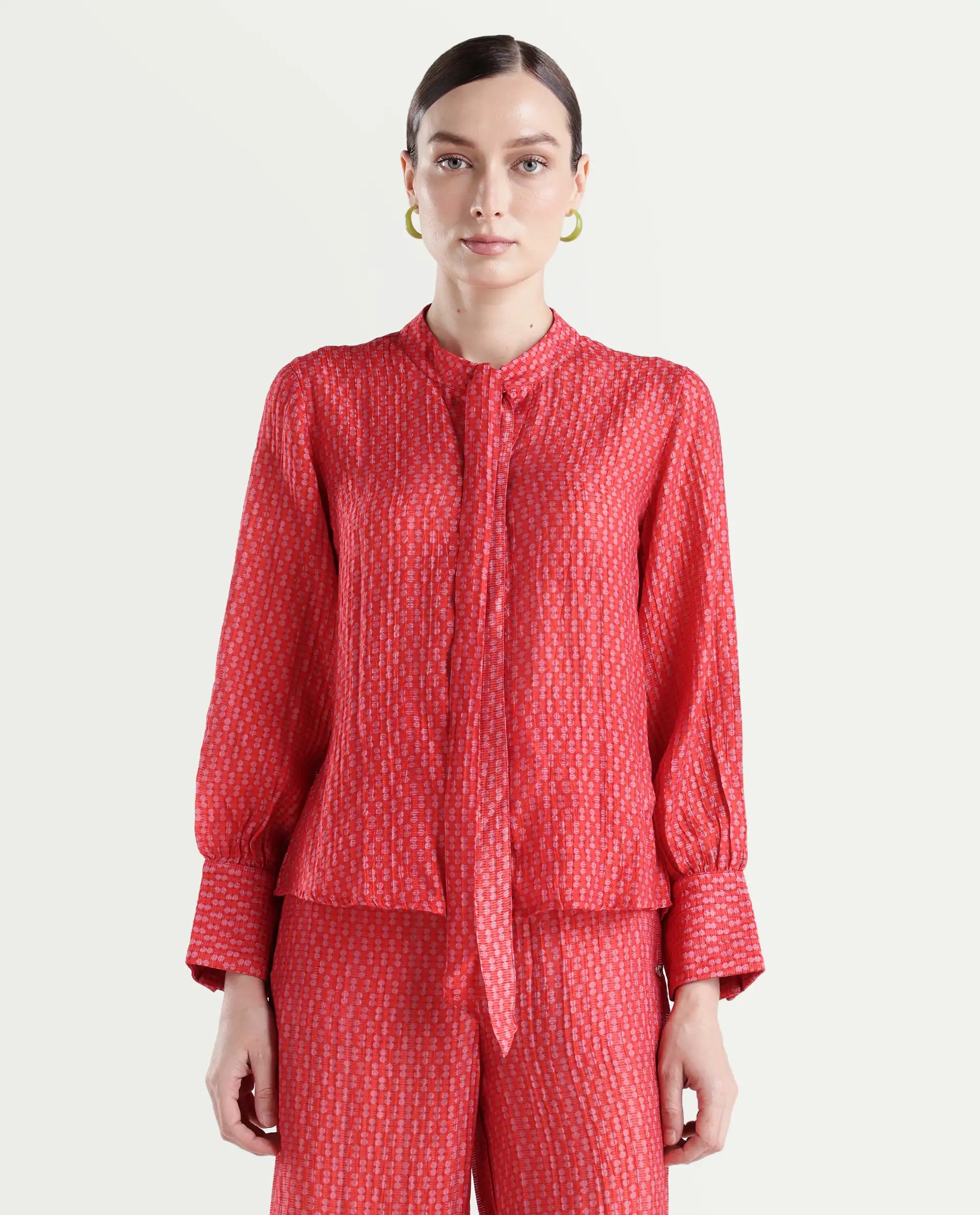 Rareism Women's Rusha-T Red Rayon Drop Collar Geometric Print Bishop Sleeve Regular Fit Top