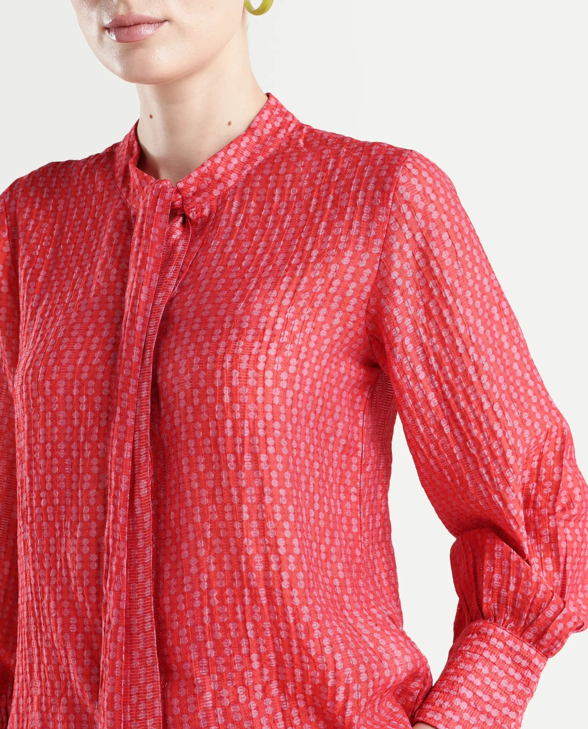 Rareism Women's Rusha-T Red Rayon Drop Collar Geometric Print Bishop Sleeve Regular Fit Top