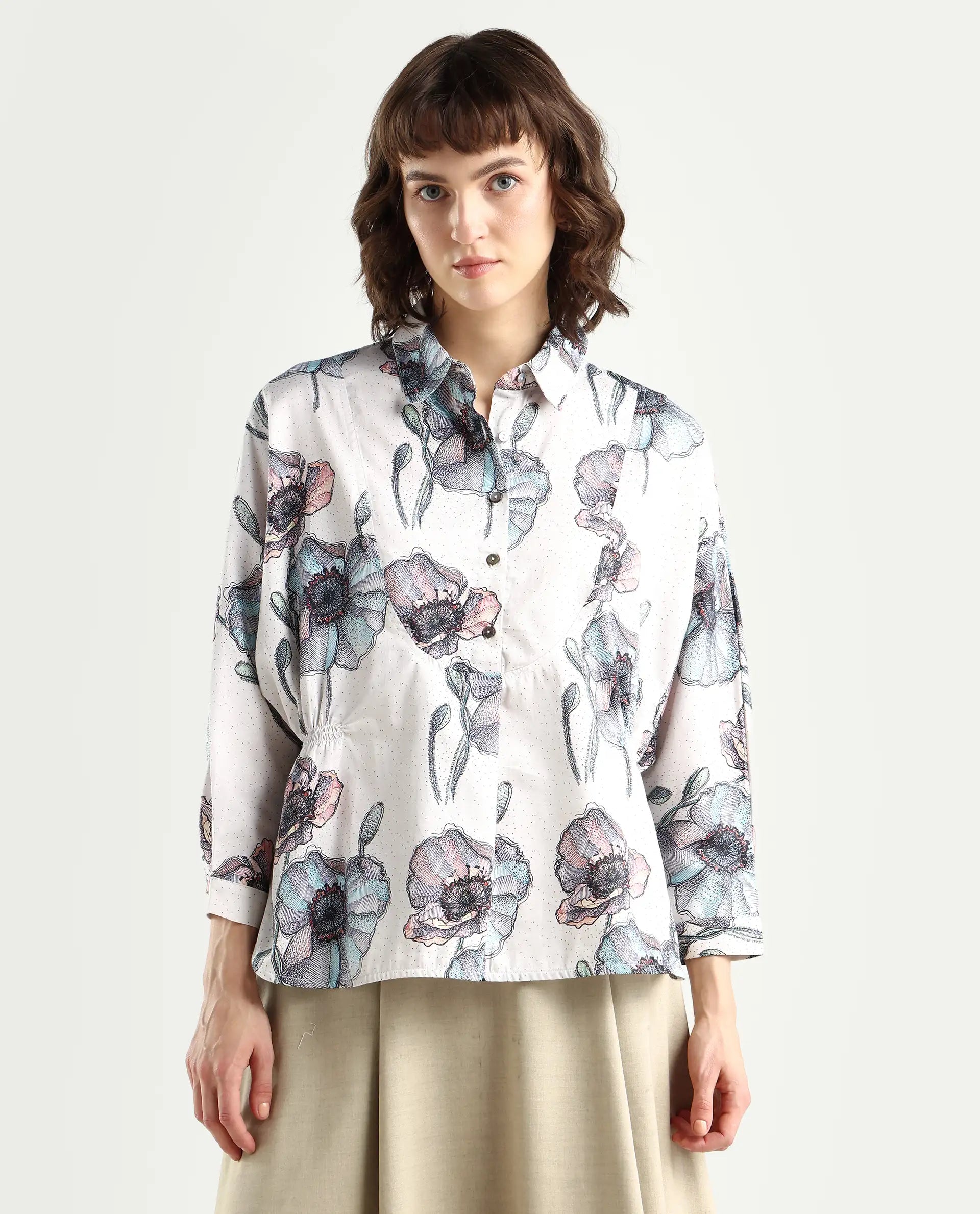 Rareism Women's Zobi Multi Drop Collar Floral Print Kimono Sleeve Regular Fit Top