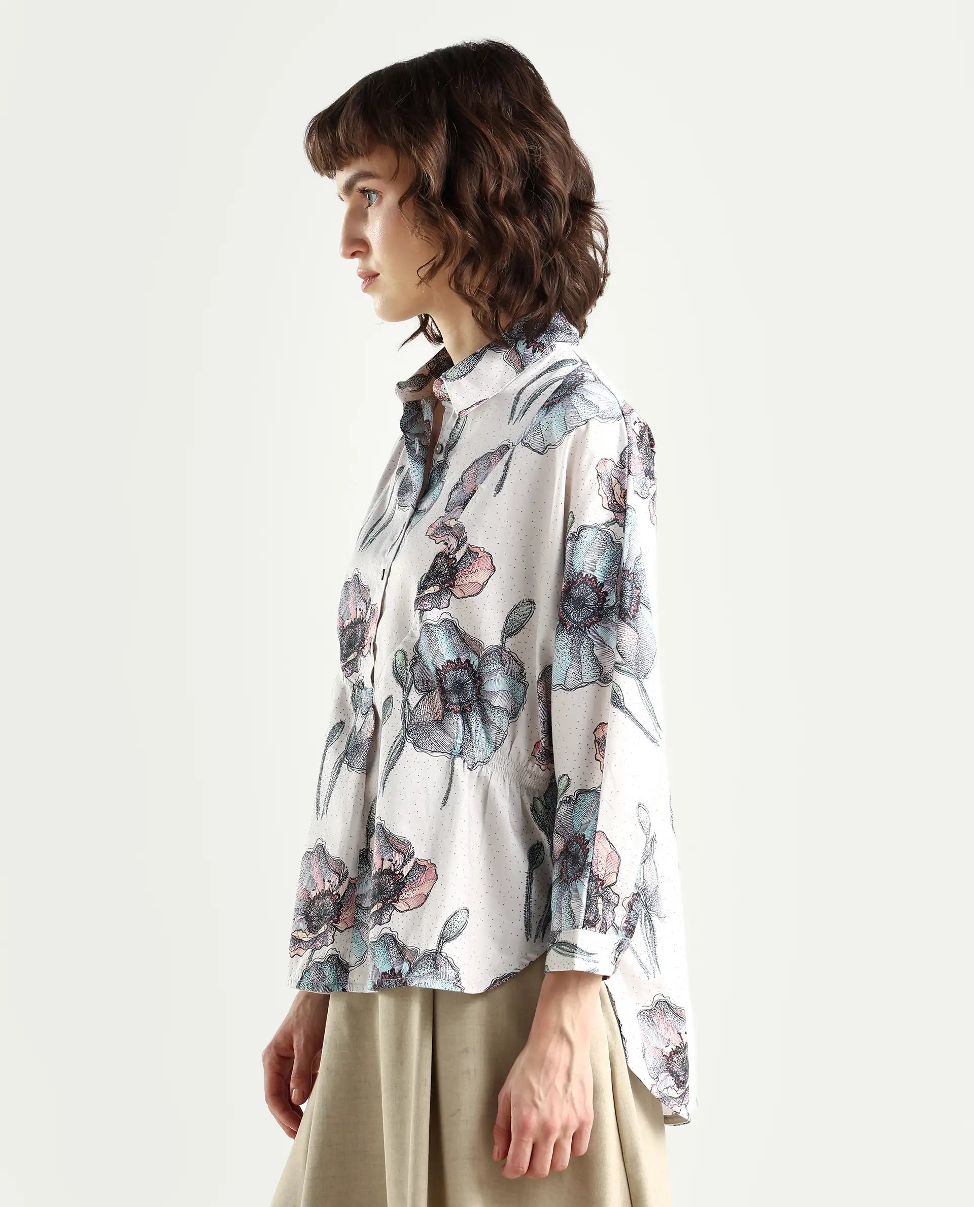 Rareism Women's Zobi Multi Drop Collar Floral Print Kimono Sleeve Regular Fit Top