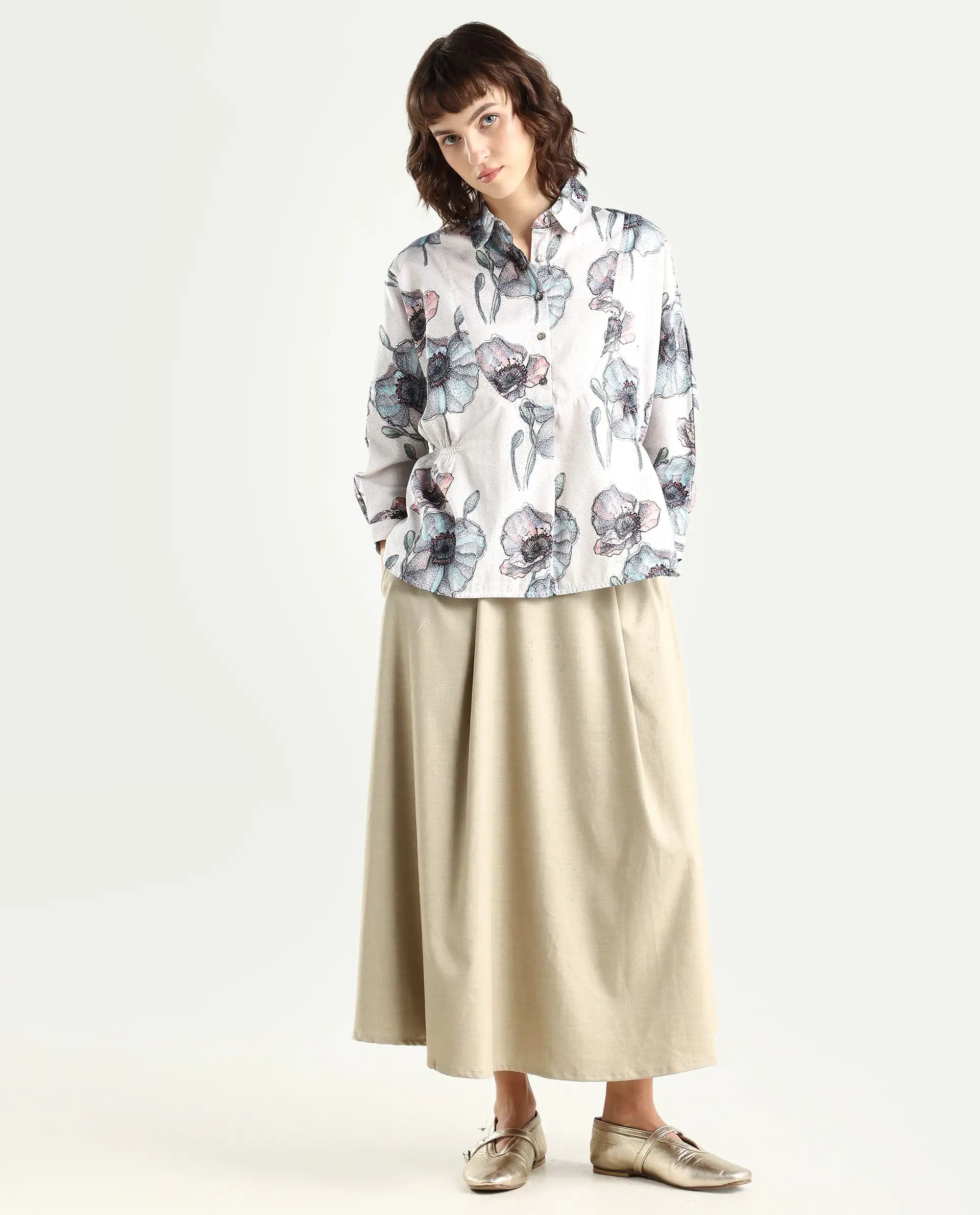 Rareism Women's Zobi Multi Drop Collar Floral Print Kimono Sleeve Regular Fit Top