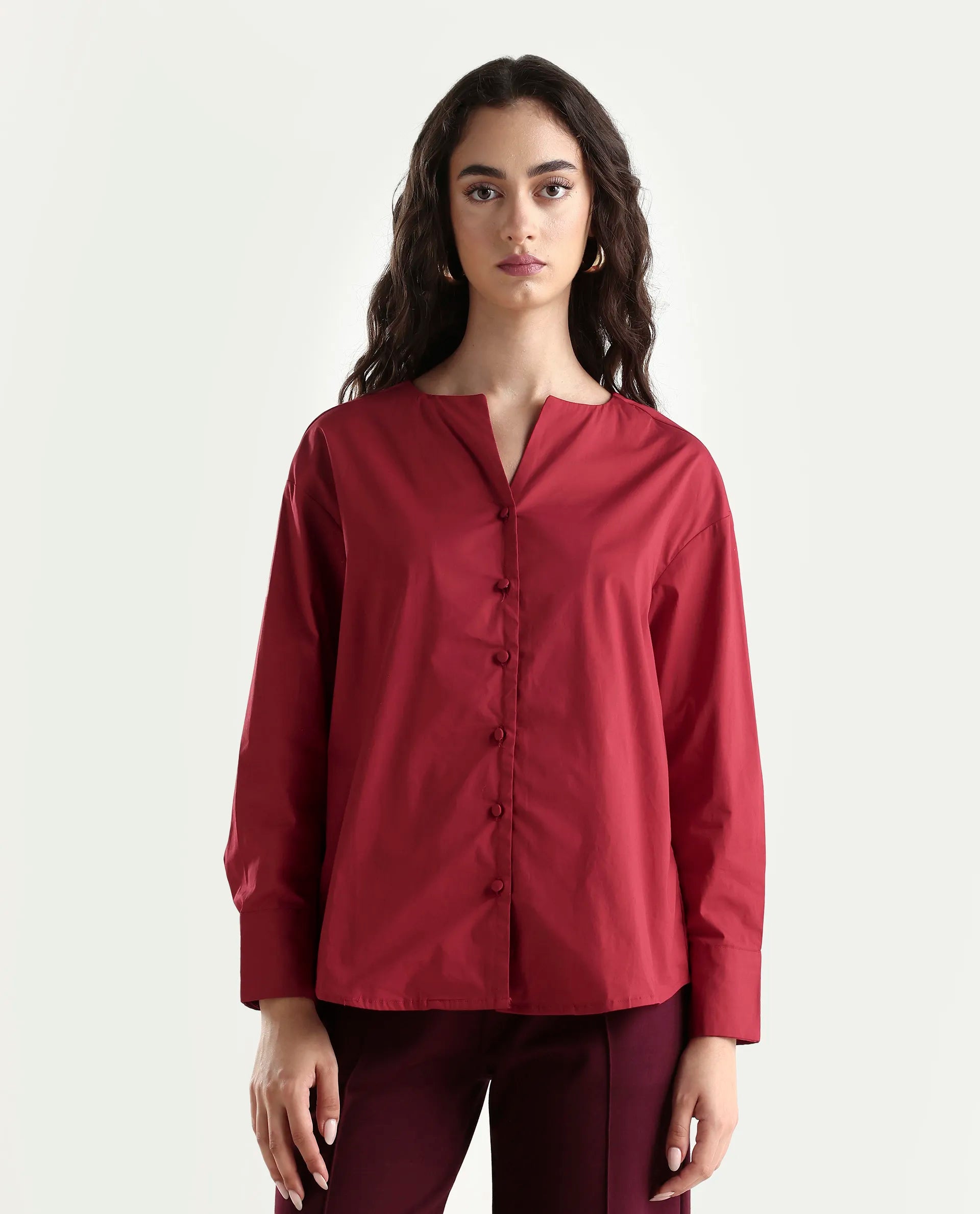 Rareism Women's Nagoya Red Crew Neck Plain Cuffed Sleeve Regular Fit Top