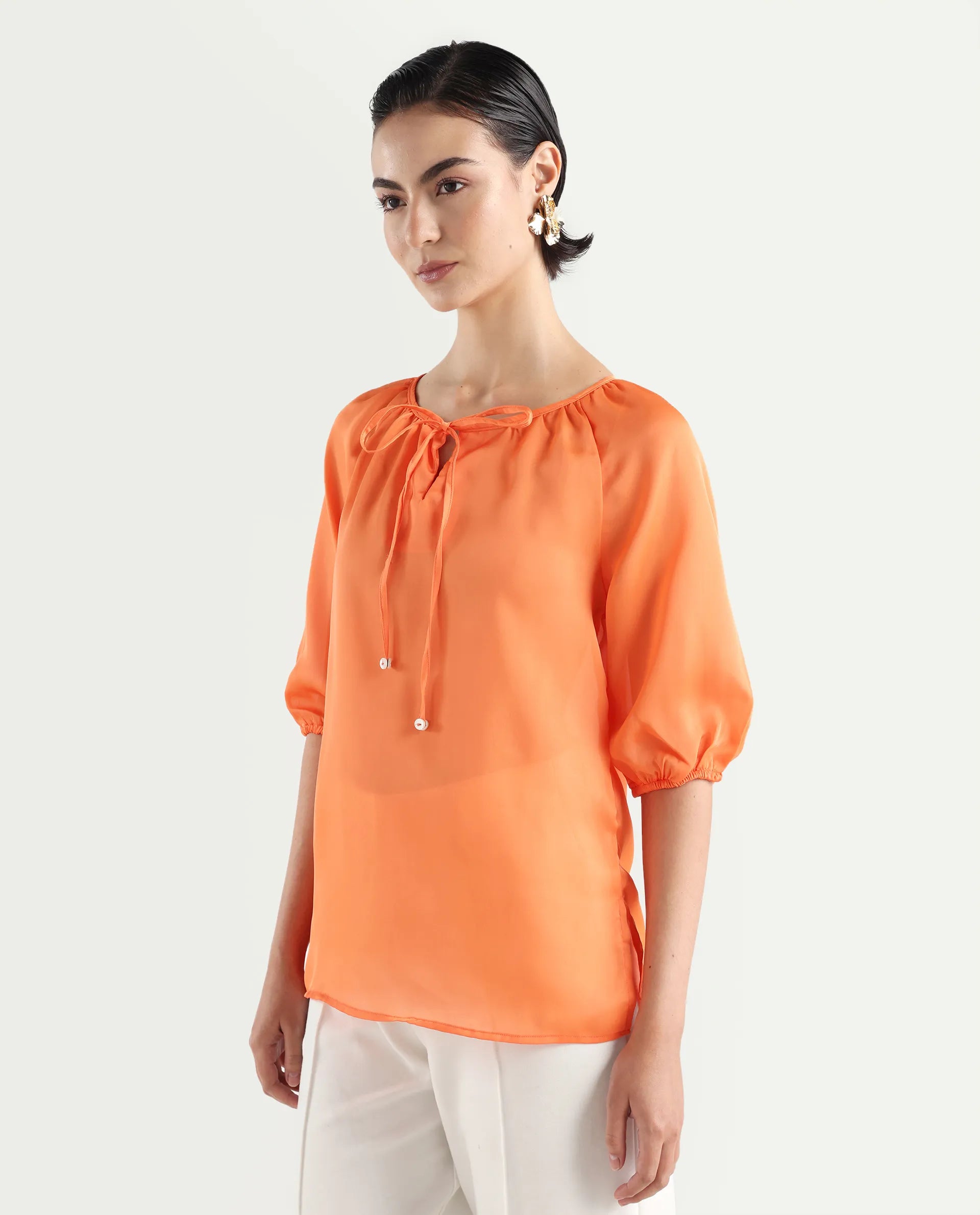 Rareism Women's Maleda Orange Tie-Up Neck Plain Raglan Sleeve Relaxed Fit Top