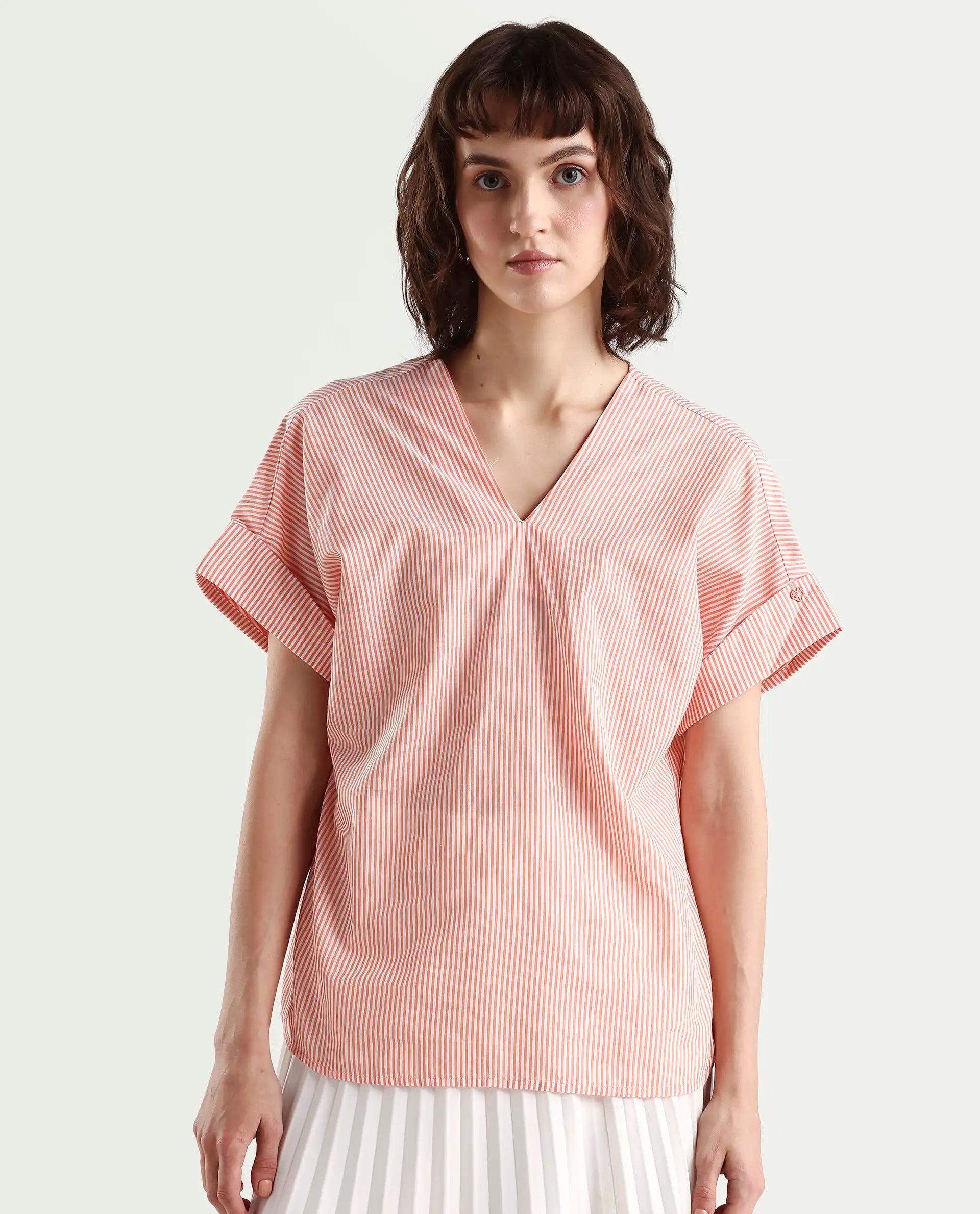 Rareism Women's Abdoo Orange V-Neck Striped Extended Sleeves Relaxed Fit Top