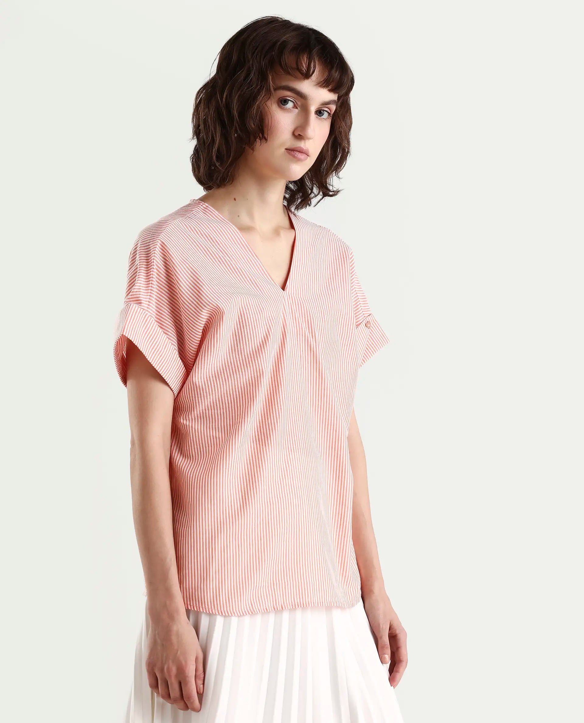 Rareism Women's Abdoo Orange V-Neck Striped Extended Sleeves Relaxed Fit Top