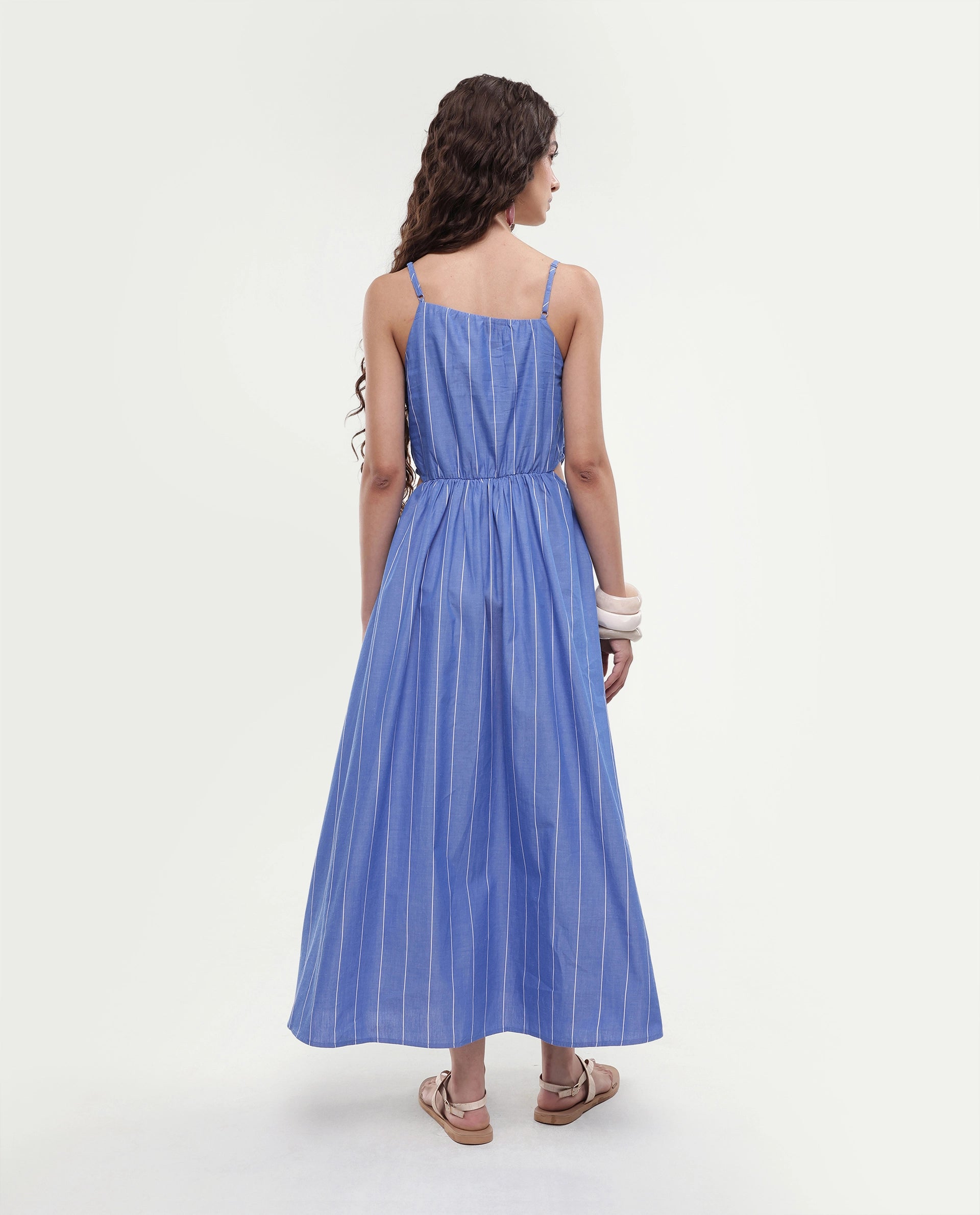 Rareism Women's Doyle Blue Asymmetric Neck Striped Shoulder Strap Midi Fit And Flare Dress