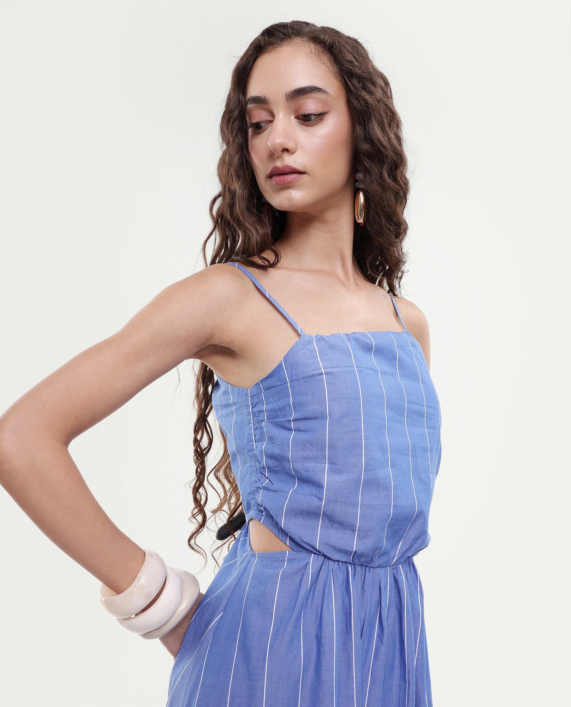 Rareism Women's Doyle Blue Asymmetric Neck Striped Shoulder Strap Midi Fit And Flare Dress