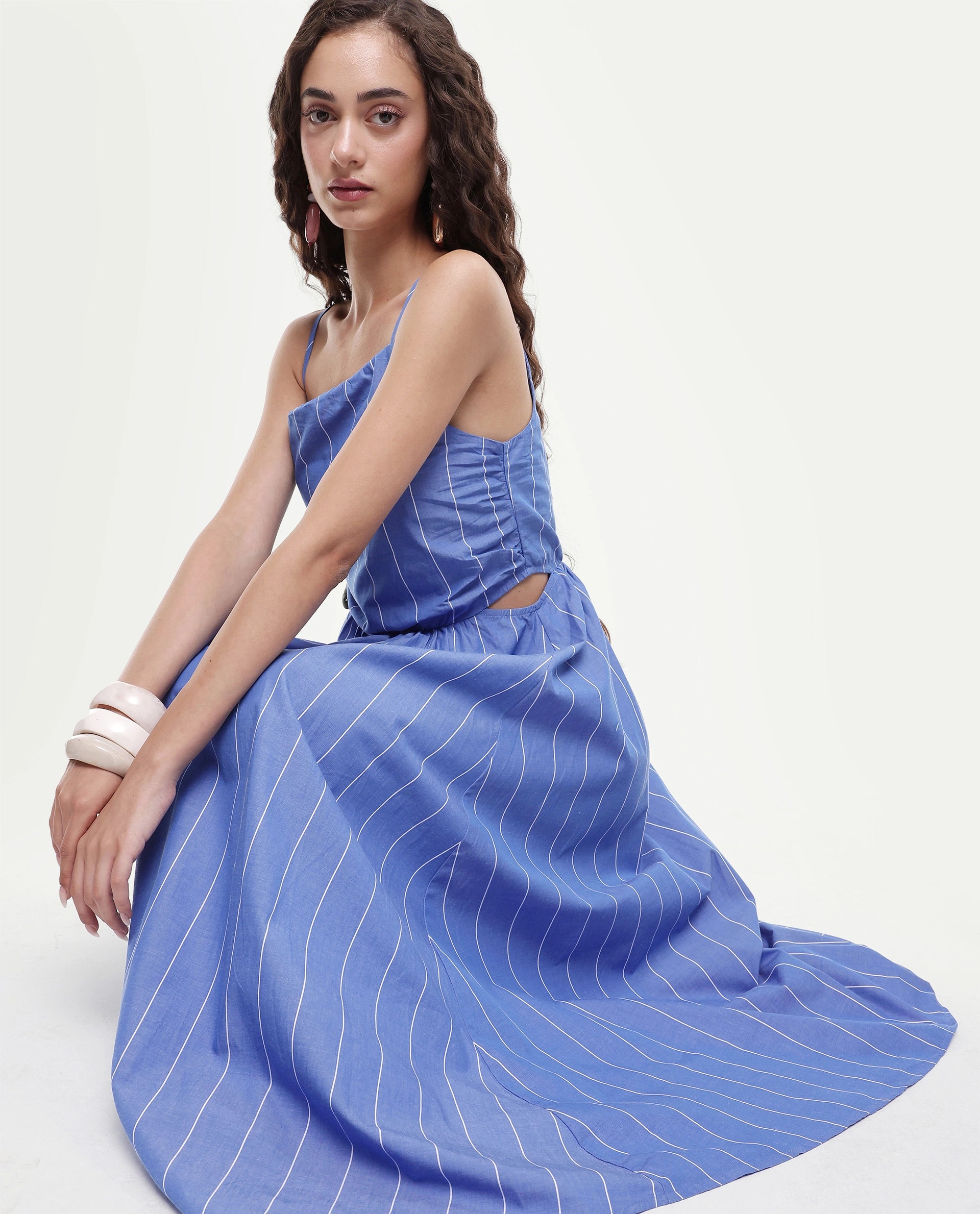 Rareism Women's Doyle Blue Asymmetric Neck Striped Shoulder Strap Midi Fit And Flare Dress