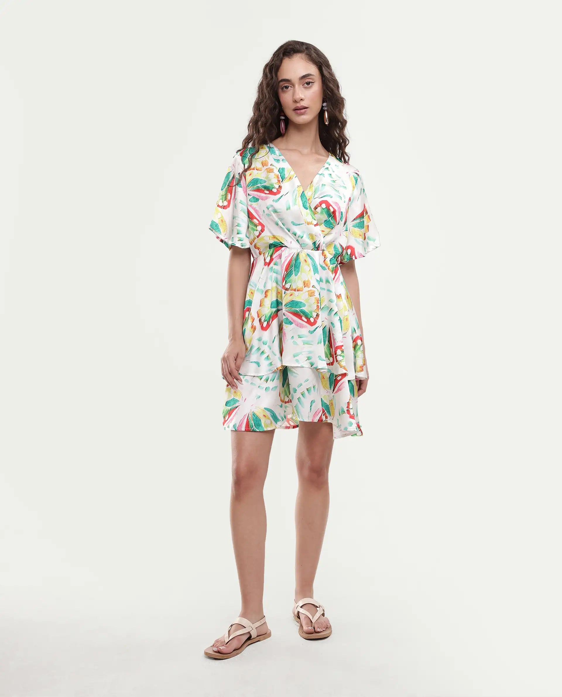 Rareism Women's Crelomi Light Multi Overlap Neck Floral Print Mini Fit And Flare Dress