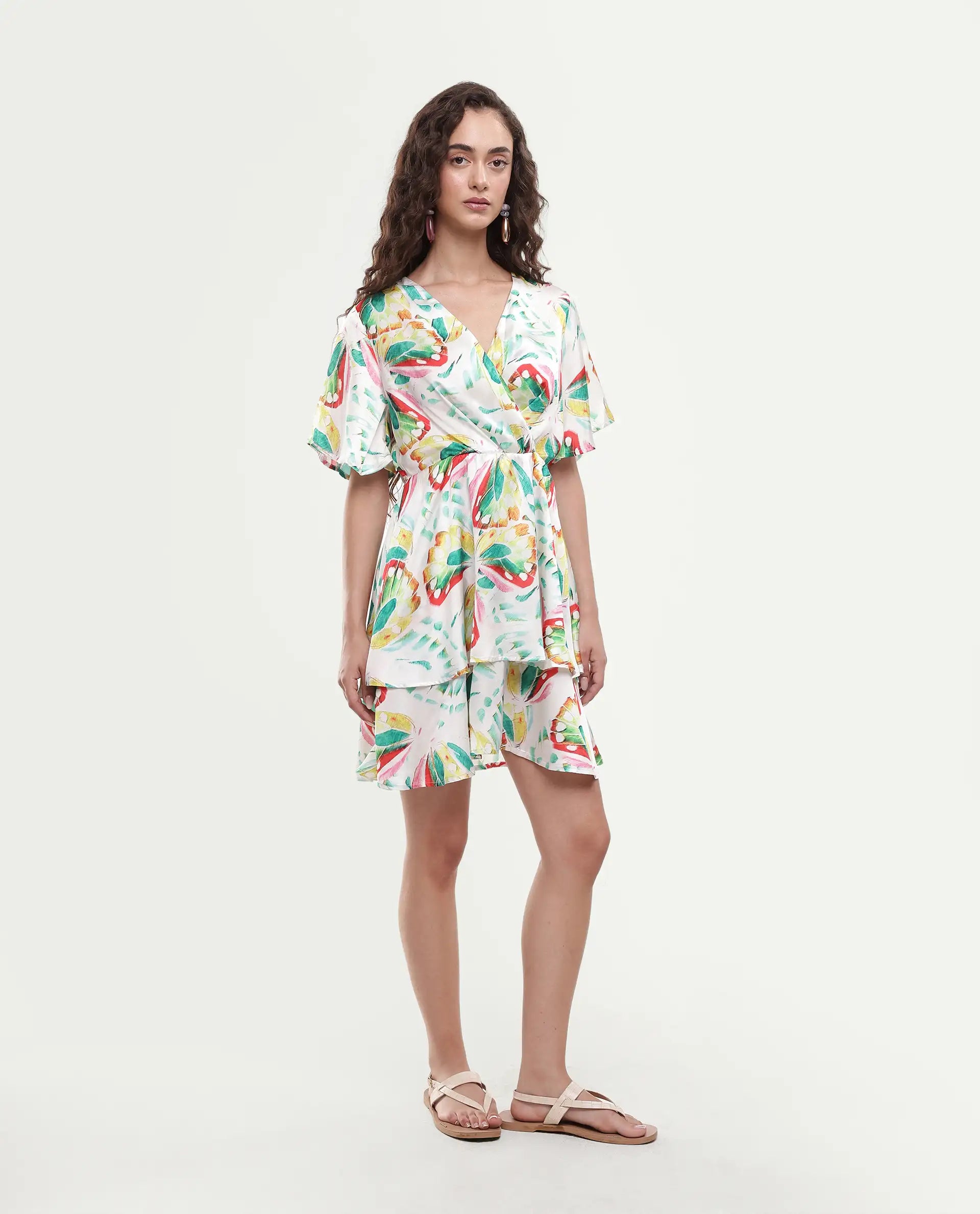 Rareism Women's Crelomi Light Multi Overlap Neck Floral Print Mini Fit And Flare Dress