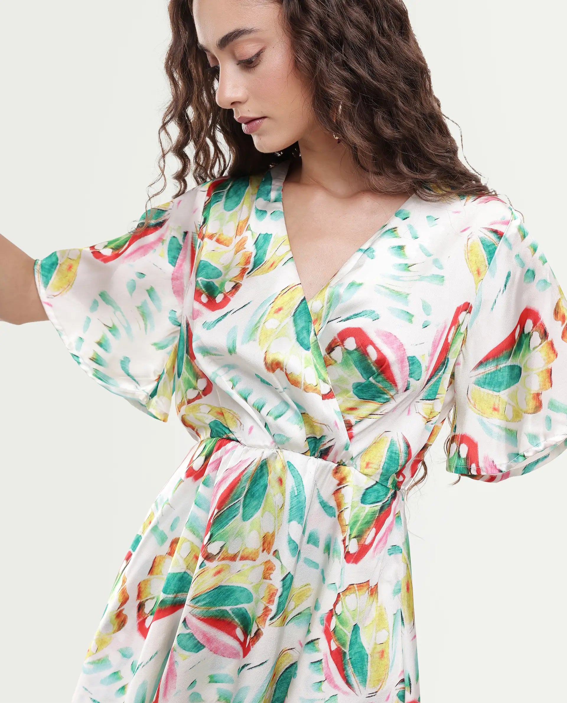 Rareism Women's Crelomi Light Multi Overlap Neck Floral Print Mini Fit And Flare Dress