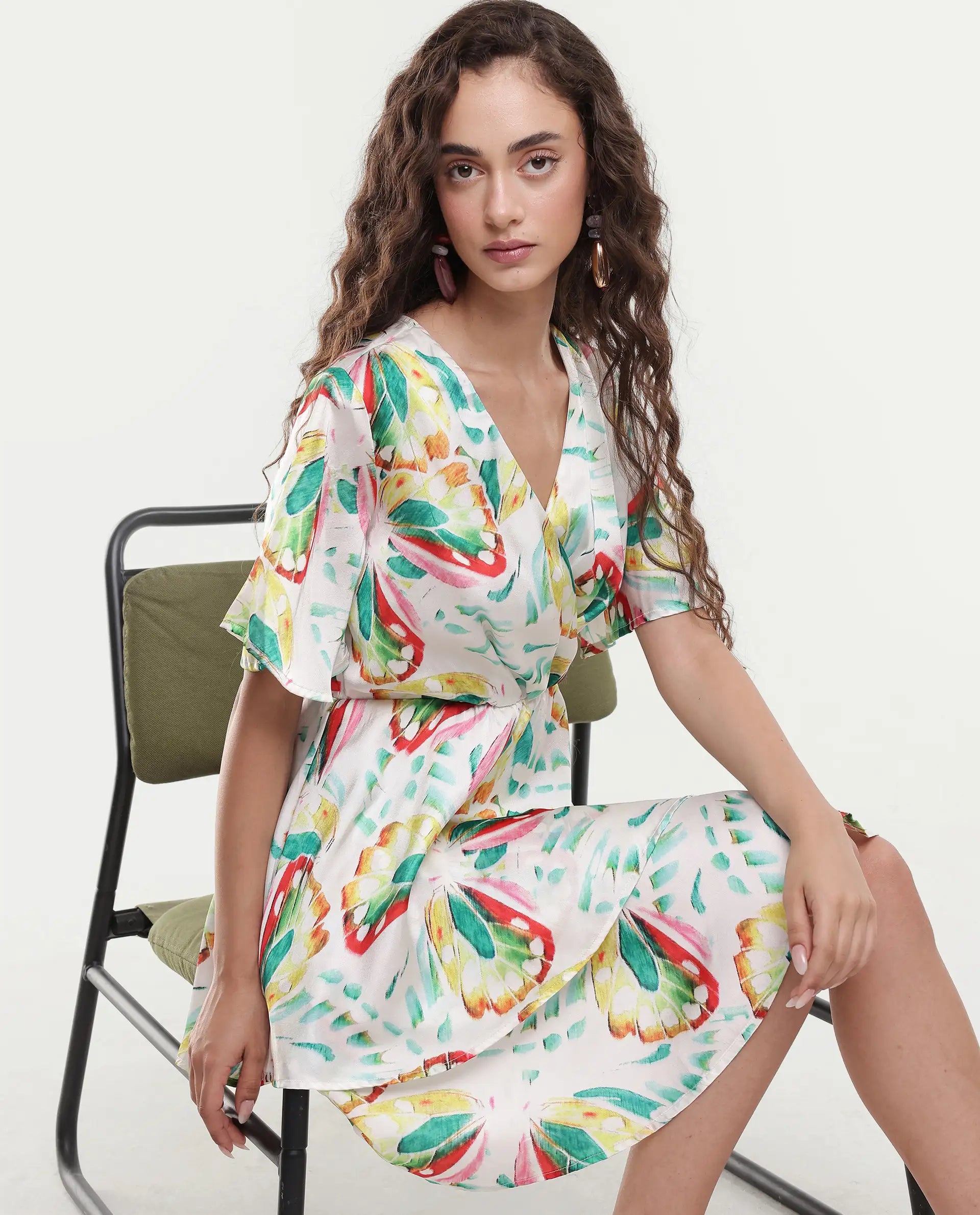 Rareism Women's Crelomi Light Multi Overlap Neck Floral Print Mini Fit And Flare Dress