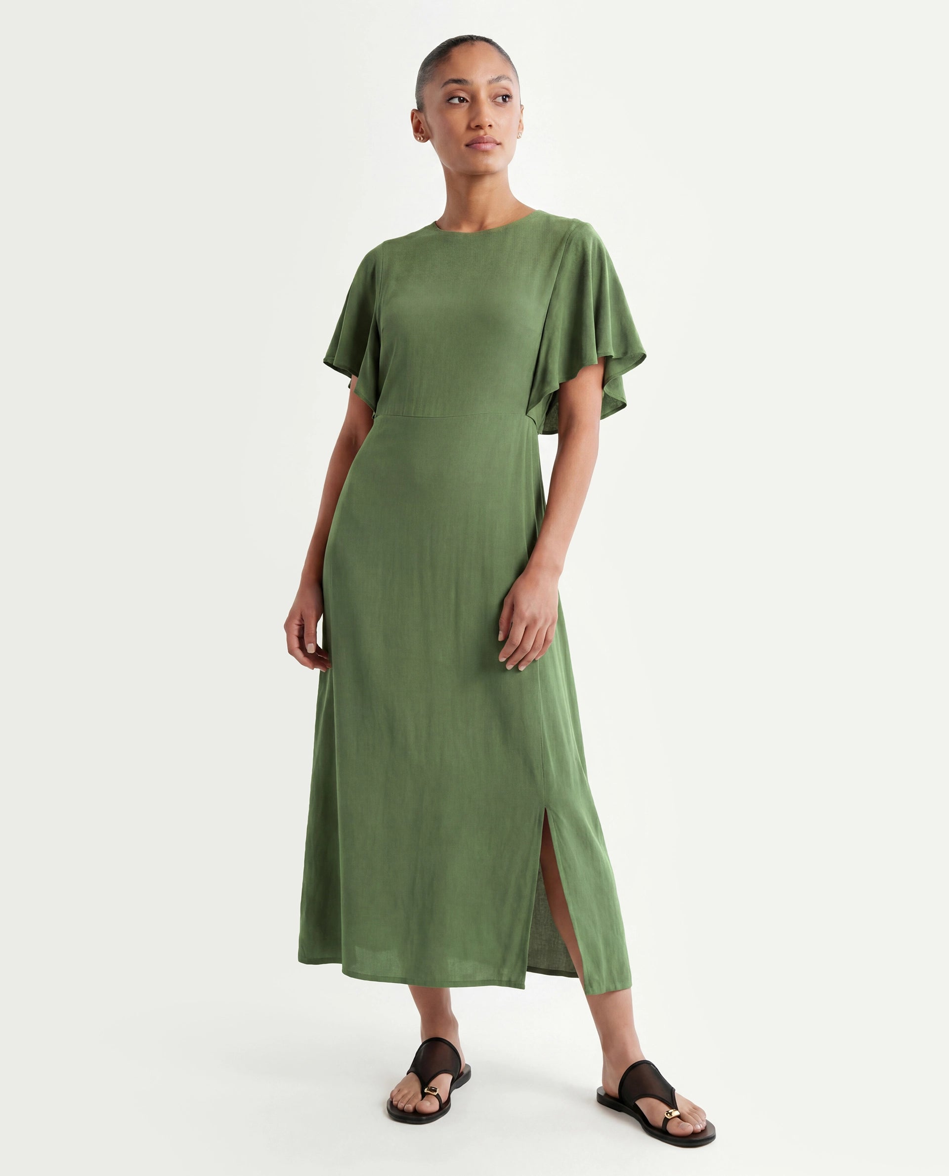 Rareism Women's Dana Green Crew Neck Plain Ruffled Sleeve Midi Fit And Flare Dress