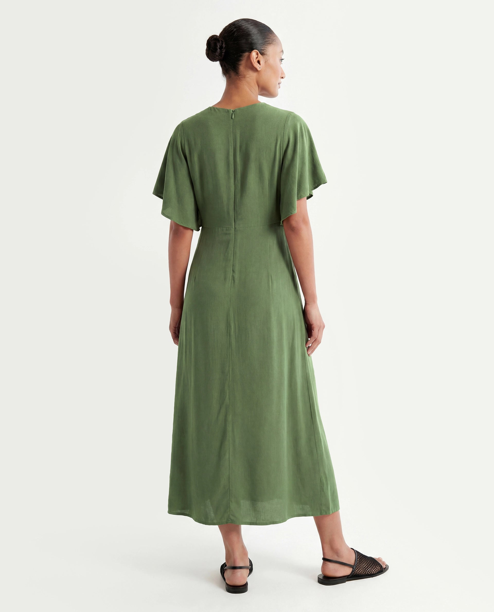 Rareism Women's Dana Green Crew Neck Plain Ruffled Sleeve Midi Fit And Flare Dress