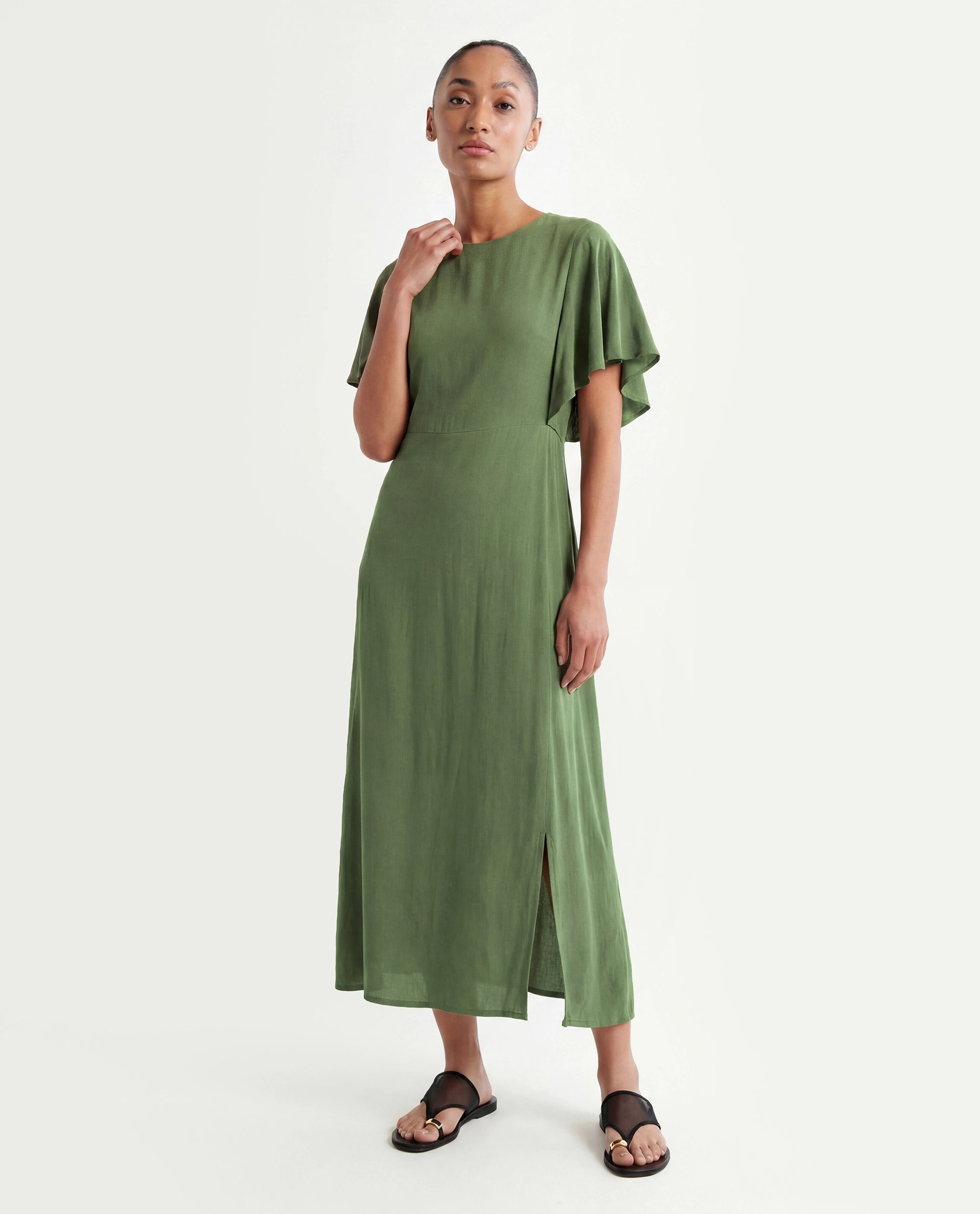 Rareism Women's Dana Green Crew Neck Plain Ruffled Sleeve Midi Fit And Flare Dress