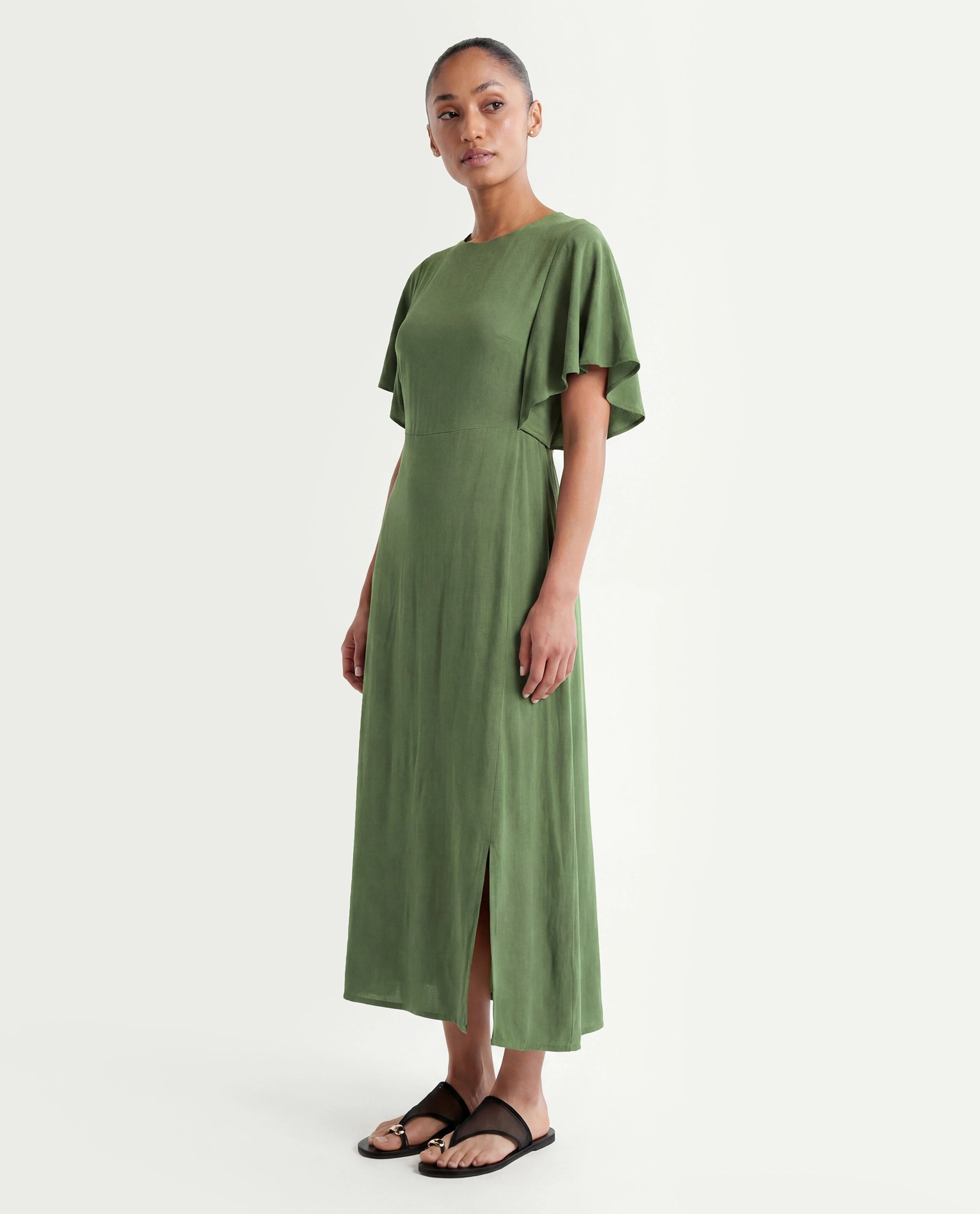 Rareism Women's Dana Green Crew Neck Plain Ruffled Sleeve Midi Fit And Flare Dress