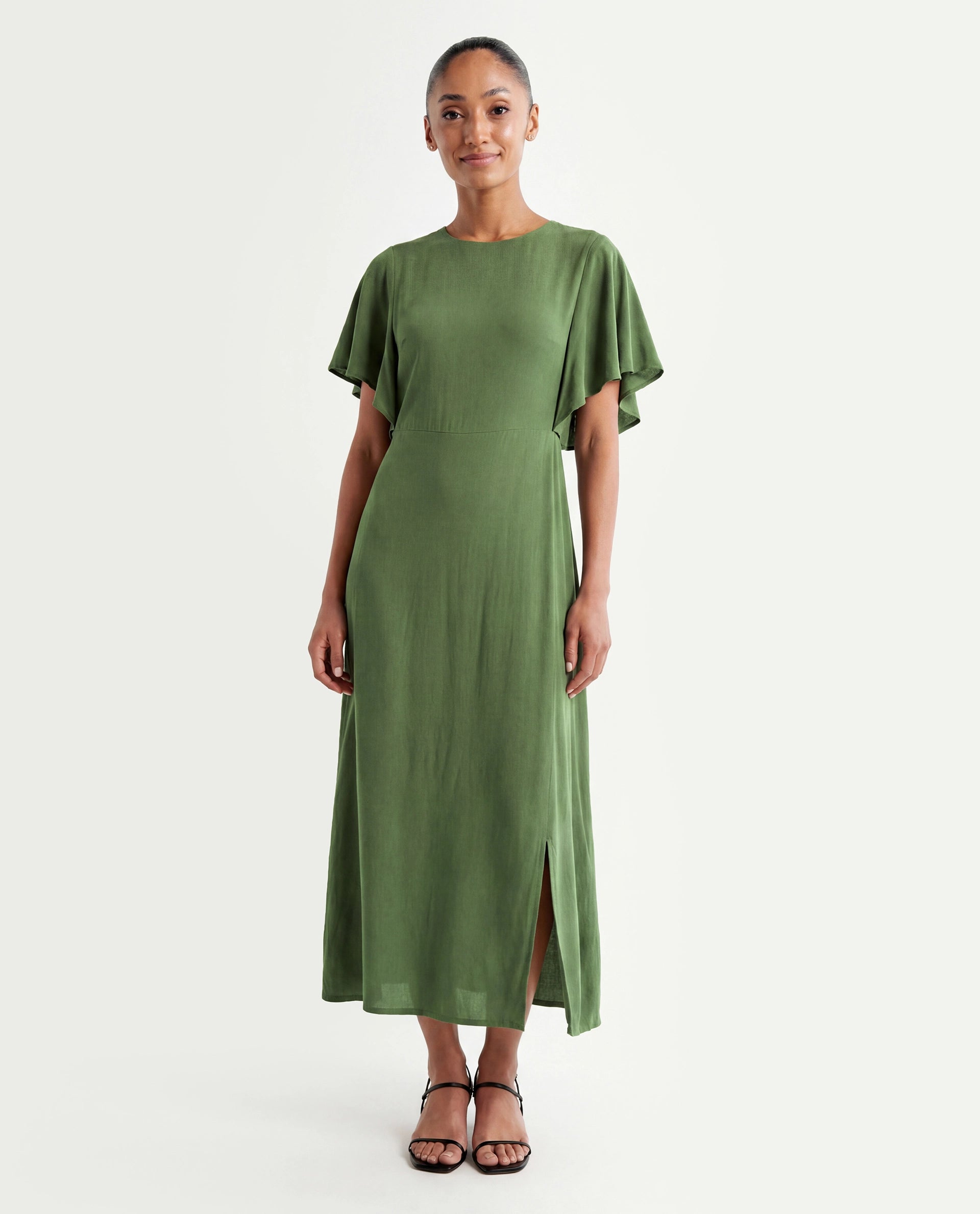 Rareism Women's Dana Green Crew Neck Plain Ruffled Sleeve Midi Fit And Flare Dress