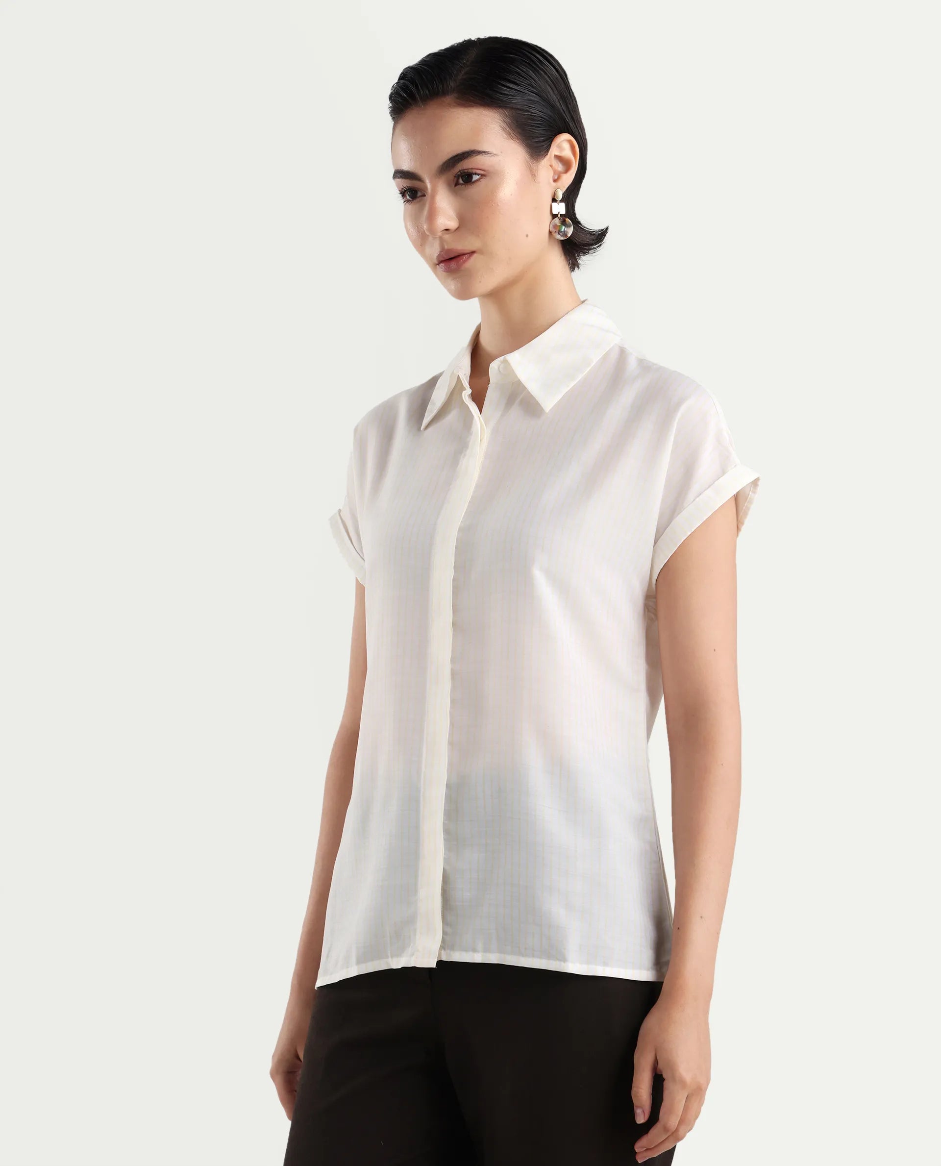 Rareism Women's Europa Light White Drop Collar Striped Extended Sleeves Regular Fit Top