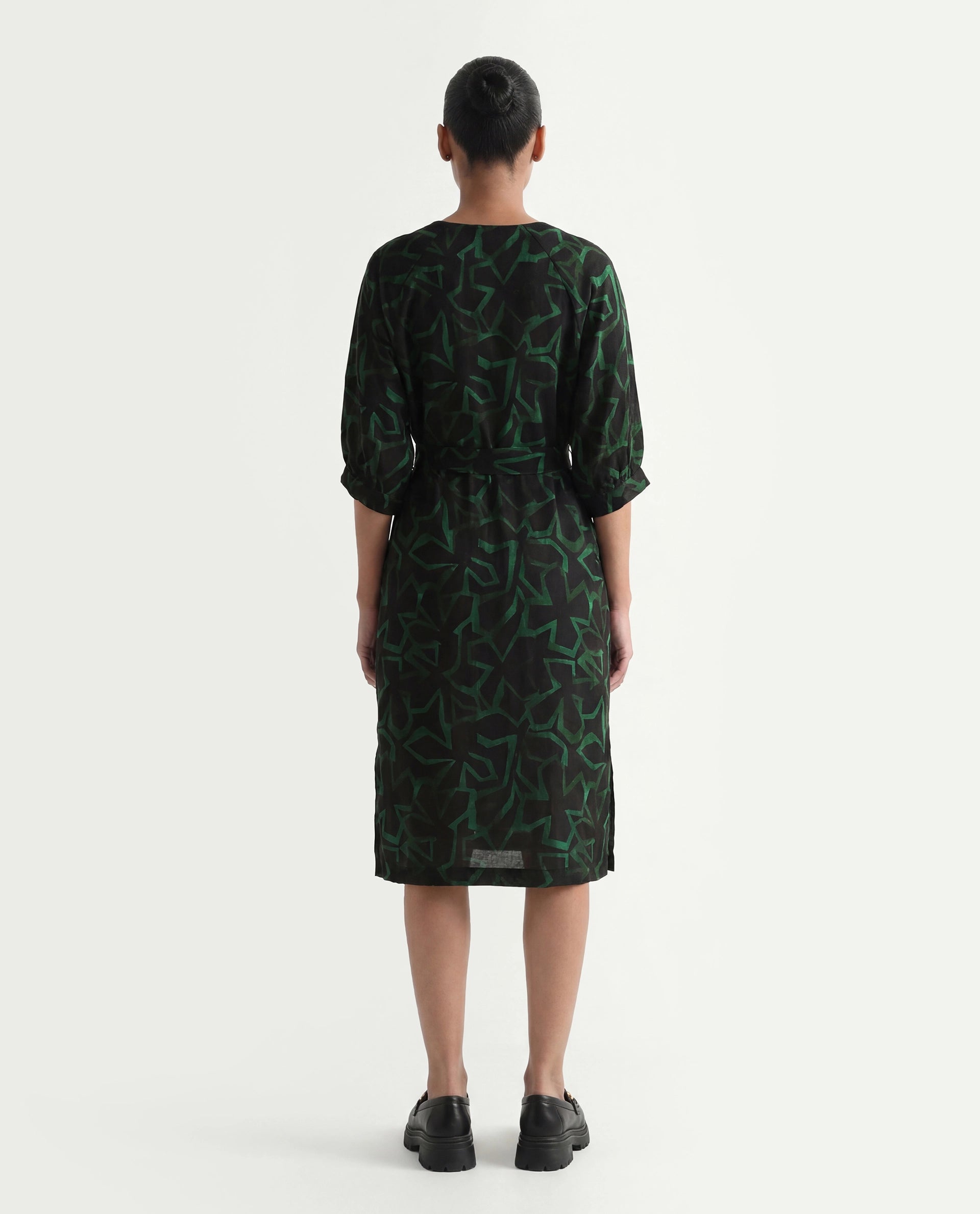 Rareism Women's Feray Dark Black Linen V-Neck Geometric Print Bishop Sleeve Midi A-Line Dress