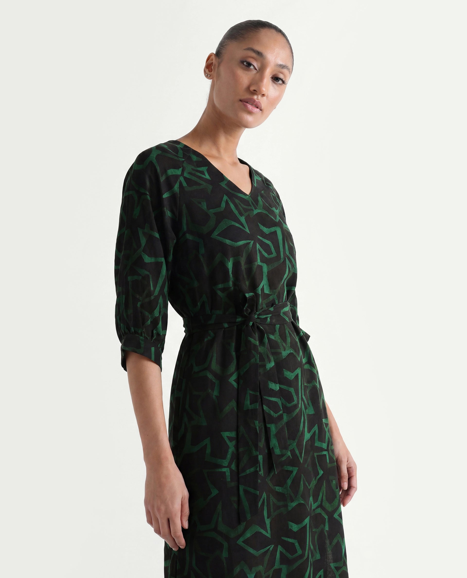 Rareism Women's Feray Dark Black Linen V-Neck Geometric Print Bishop Sleeve Midi A-Line Dress