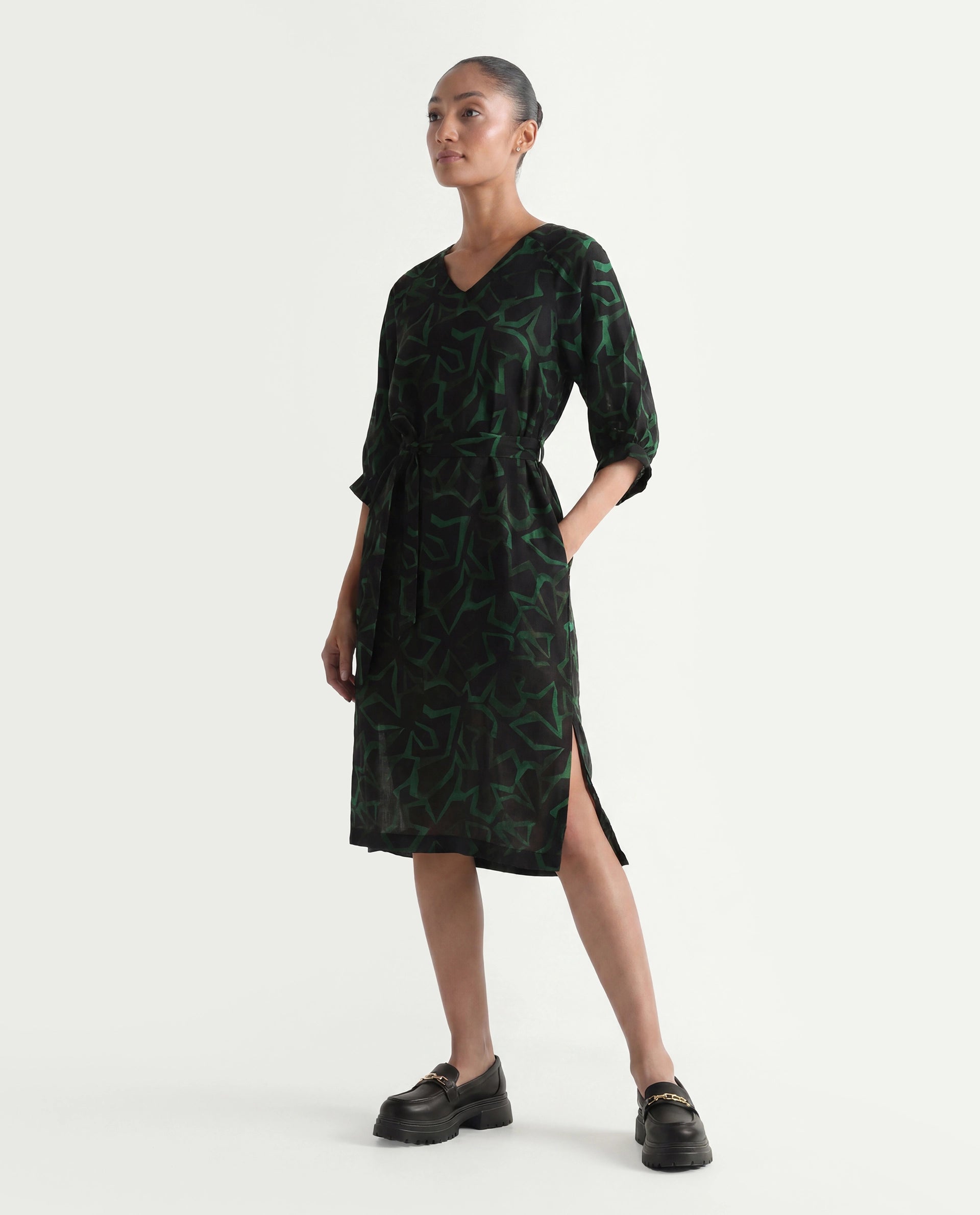 Rareism Women's Feray Dark Black Linen V-Neck Geometric Print Bishop Sleeve Midi A-Line Dress