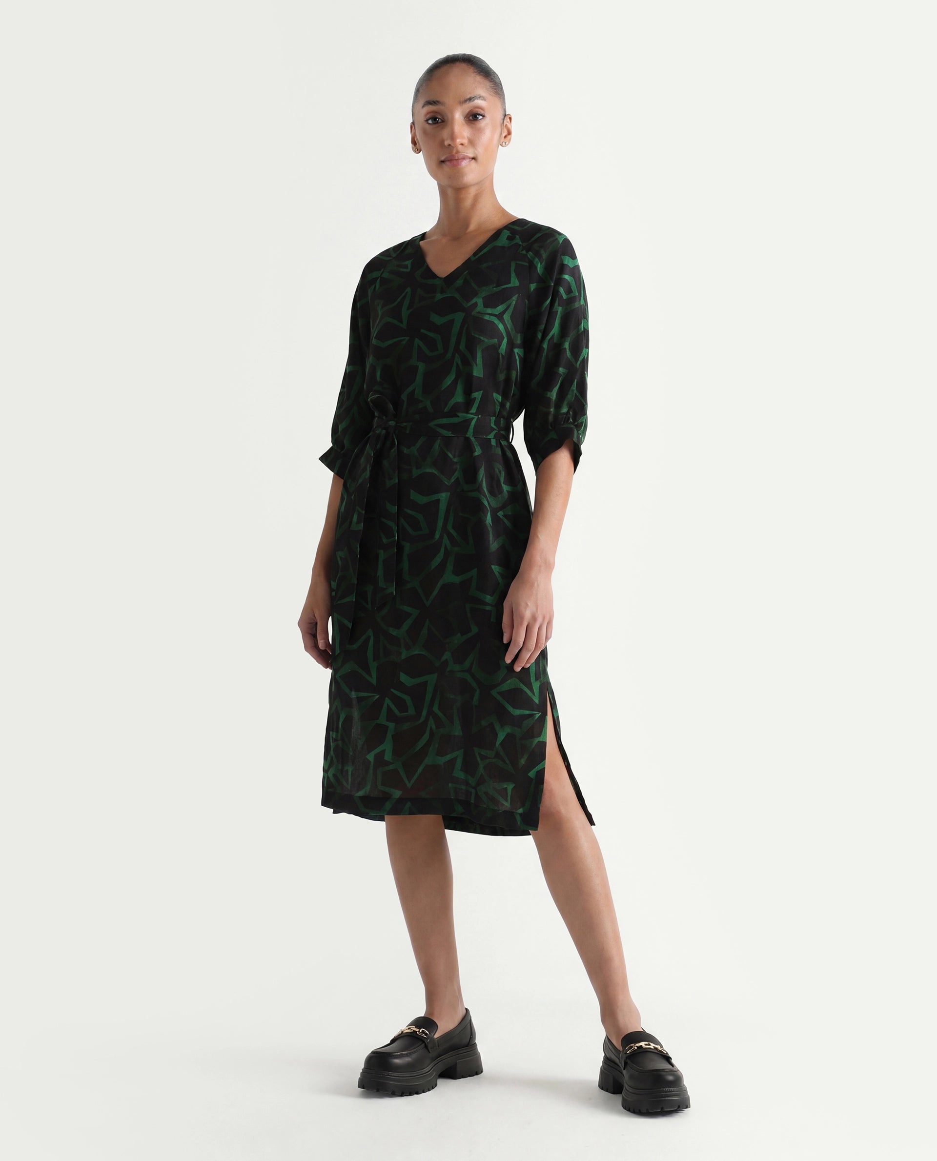 Rareism Women's Feray Dark Black Linen V-Neck Geometric Print Bishop Sleeve Midi A-Line Dress
